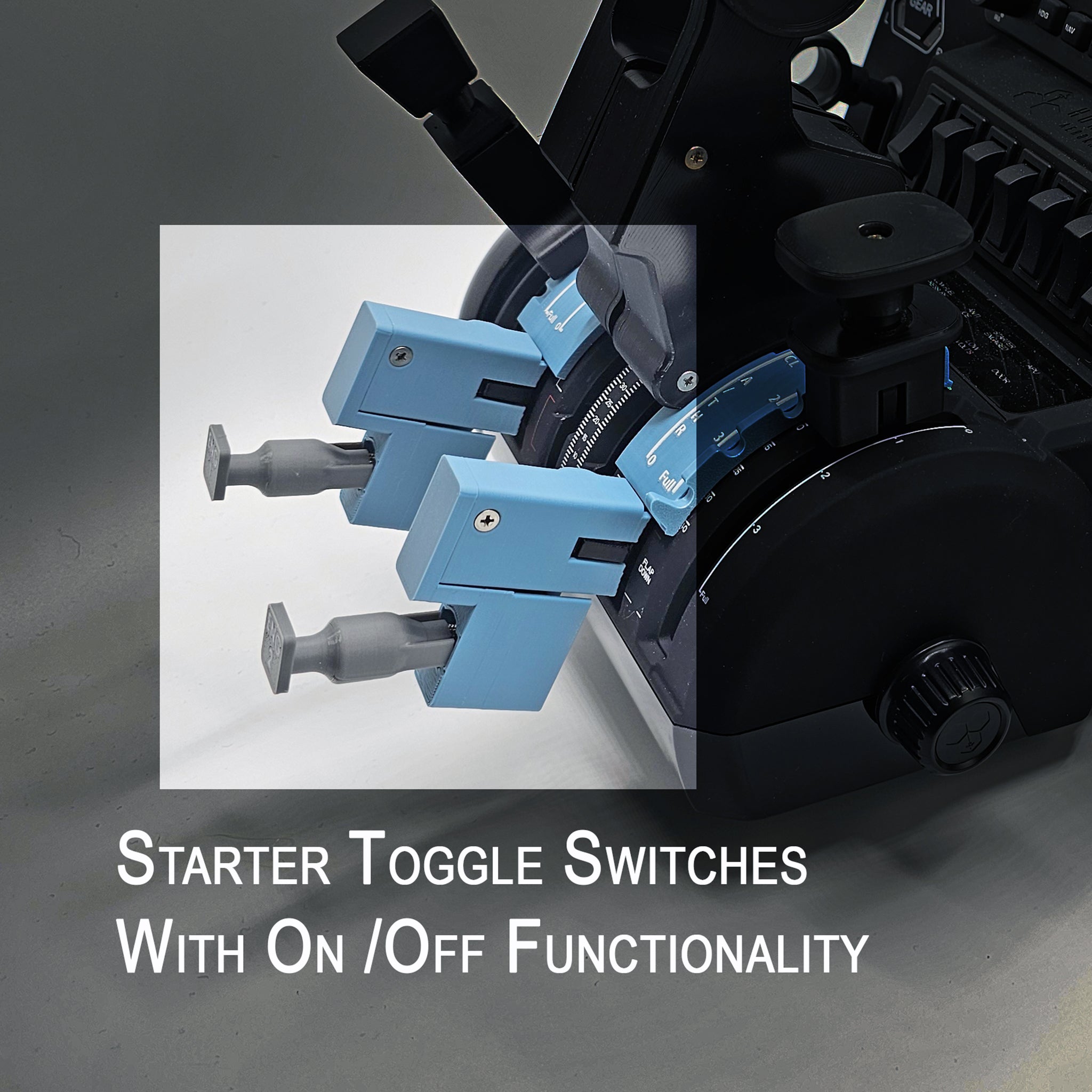 Close-up of Prodesksim's Airbus Starter Switches with on/off functionality, featuring blue handles on a black mechanical device similar to the sleek design seen in Honeycomb Bravo. The text reads: "Airbus Starter Switches With On/Off Functionality.