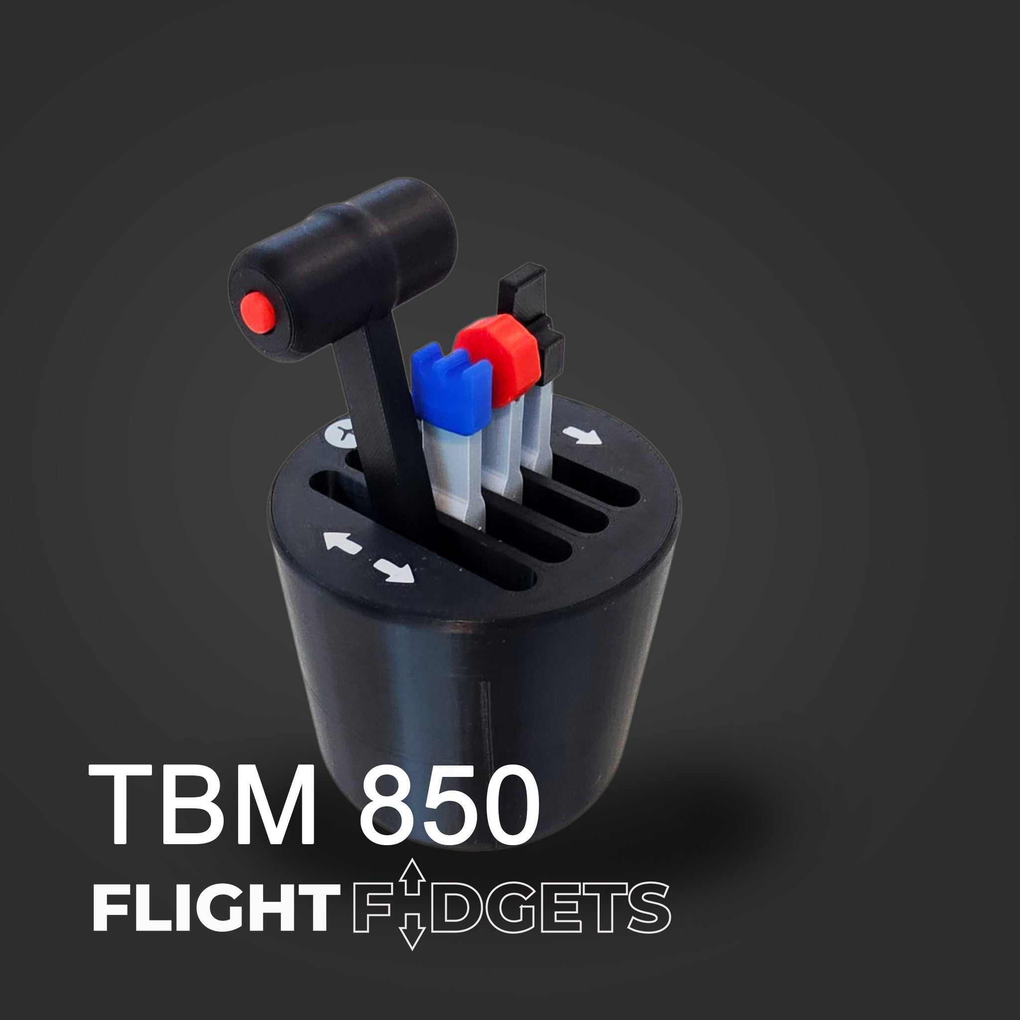 A compact black TBM - The Cup Holder Flight Fidget by FlightFidgets.com with colored levers—black, blue, red, and white—on a dark background. Ideal for aviation fans seeking a tactile experience. "TBM 850 FLIGHT FIDGETS" appears in white at the bottom.