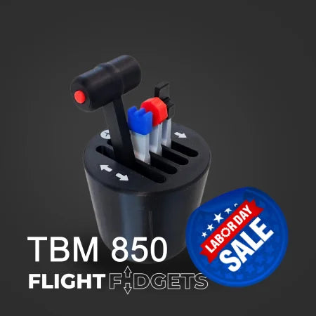 A compact black TBM - The Cup Holder Flight Fidget by FlightFidgets.com with colored levers—black, blue, red, and white—on a dark background. Ideal for aviation fans seeking a tactile experience. "TBM 850 FLIGHT FIDGETS" appears in white at the bottom.