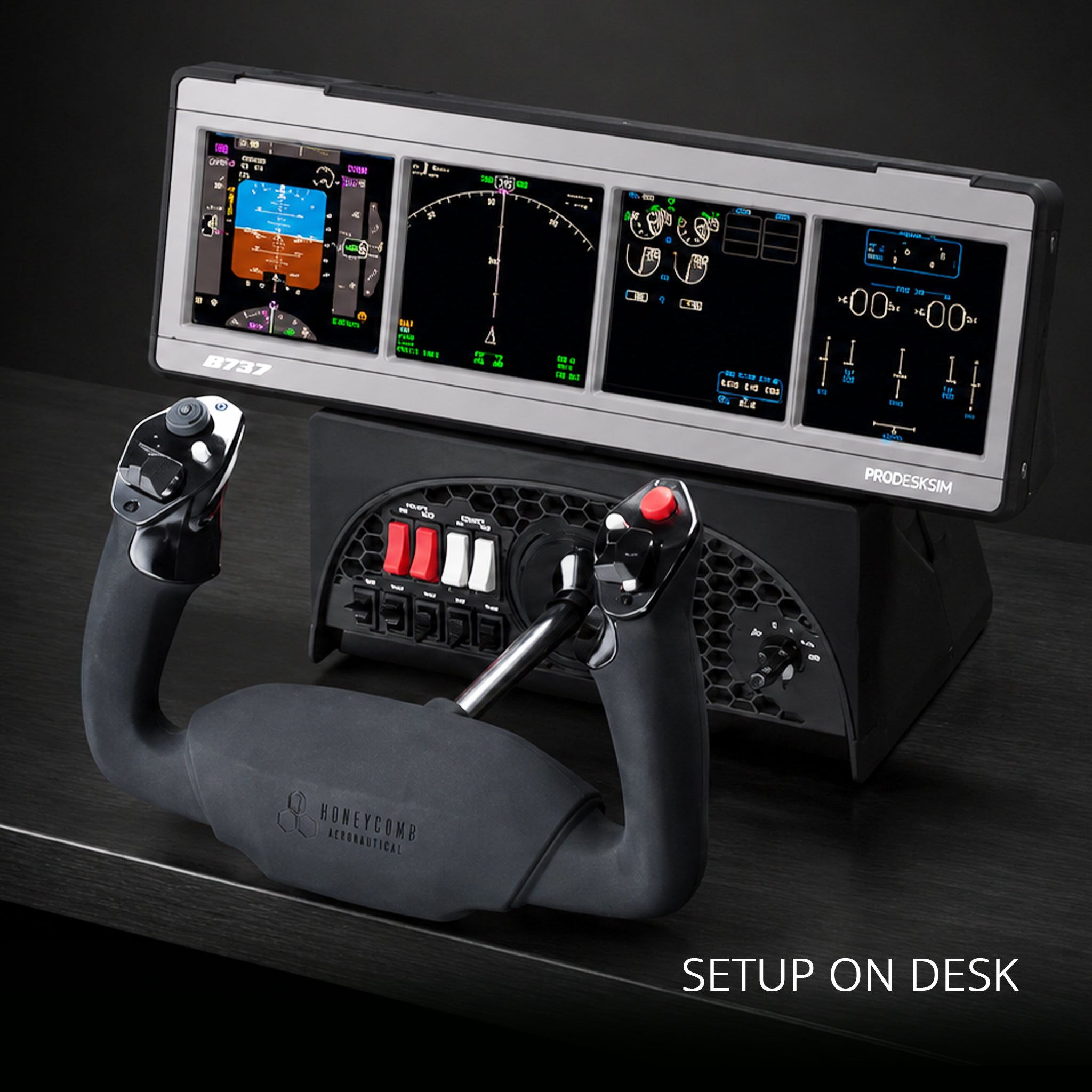 A Prodesksim ProDeskSim Modular Display Unit sits on a desk, showing cockpit instruments, alongside control switches and a Honeycomb Aeronautical yoke. "SETUP ON DESK" is visible in the corner.