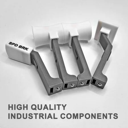 Four gray and white industrial components with bolts, including one labeled "SPD BRK," are arranged on a white surface. Prodesksim's Boeing 737 Functional Addon for Turtle Beach Velocity One is ideal for flight sim enthusiasts.