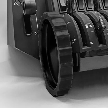 The image features a close-up of the Prodesksim 1 Color Vibrant and Flexible Trim Wheel Cover designed for the Honeycomb Bravo Throttle Quadrant. It showcases a gear-like knob with clearly labeled levers, enhancing the authentic experience with various switches and indicators on the flight control panel, ideal for flight simulation.