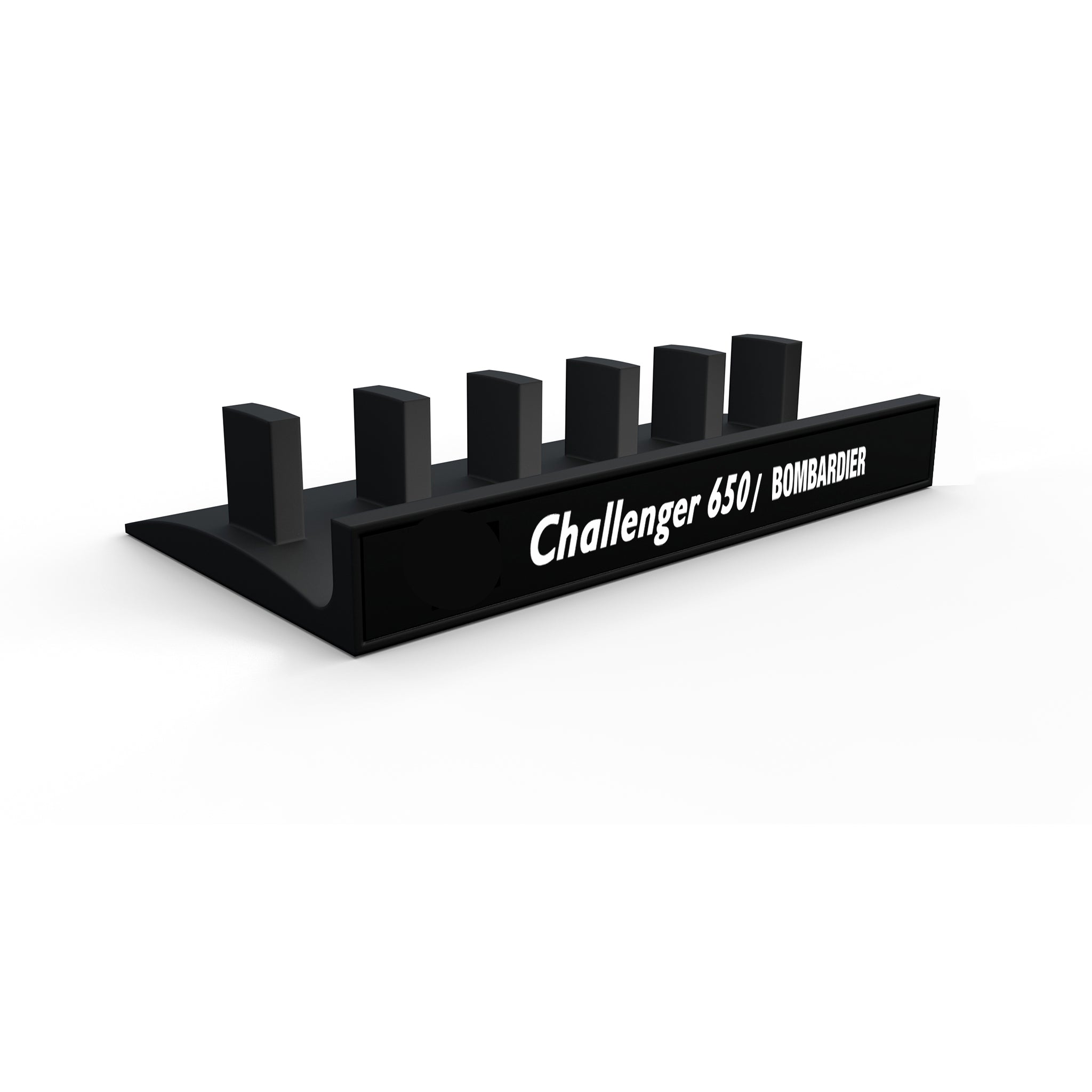 The ProDeskSim Honeycomb Bravo Add-on ORGANZISER is a sleek black stand with six rectangular slots, labeled "Challenger 650" and "Bombardier" in crisp white, ideal for neatly holding Honeycomb Bravo handles or levers.