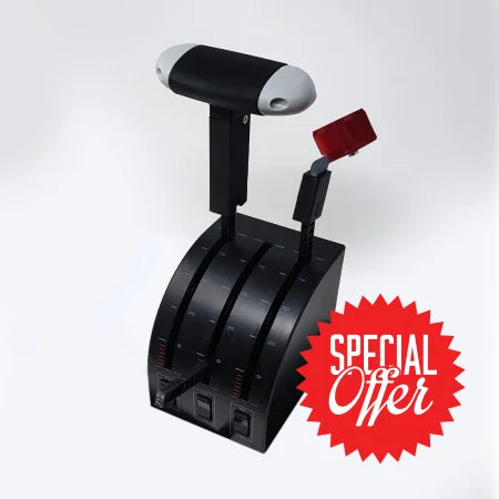 A Prodesksim Cirrus SR20/22/Vision Jet throttle and mixture combo for the Saitek/Logitech throttle quadrant, featuring three levers including a striking red lever and a white-tipped one, ideal for flight simulation enthusiasts, is showcased on a pristine white background.