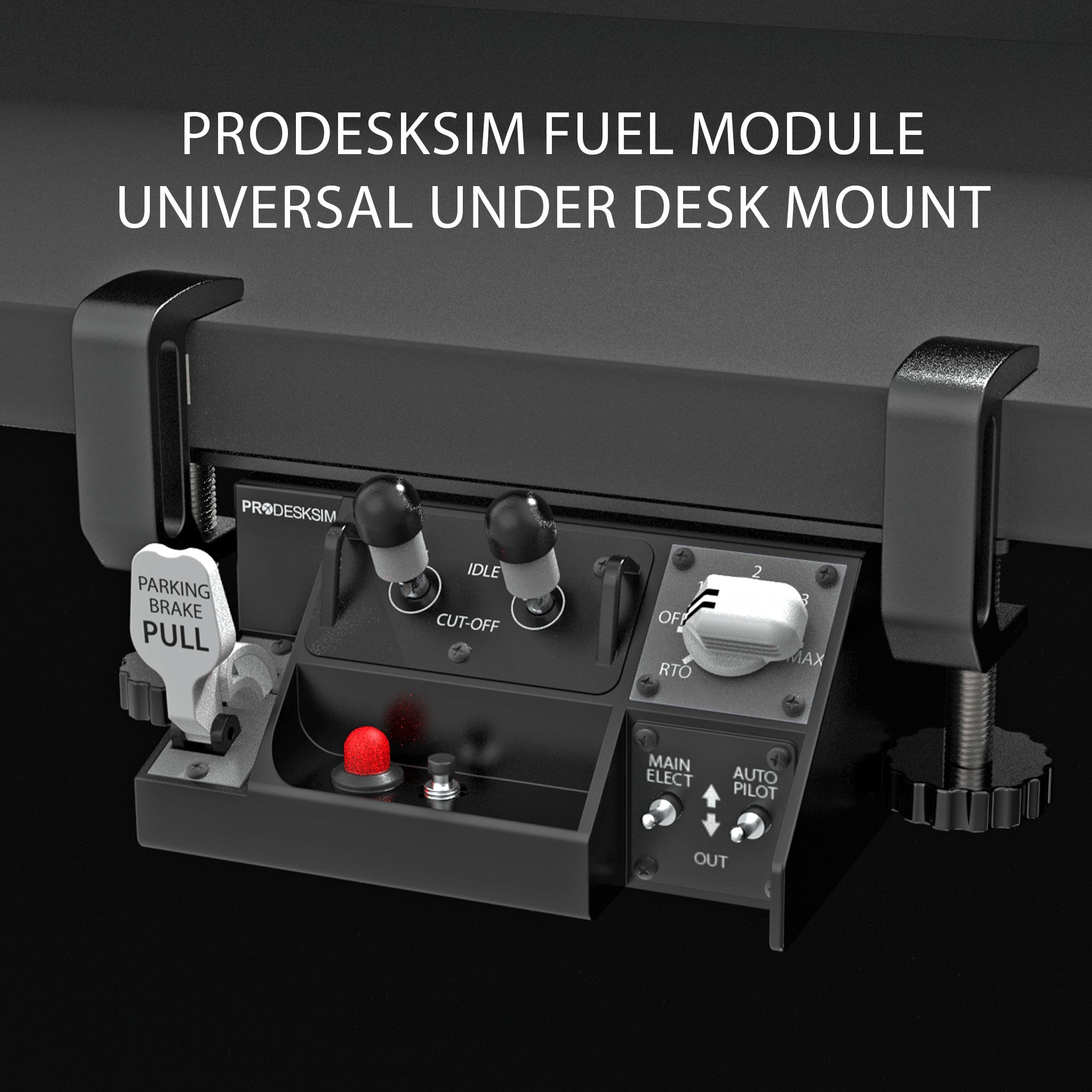 Close-up of the Prodesksim Stand Alone B737, B757/767, B777, B787 Fuel Cut-off/Auto Brake/Parking Brake/Stab Trim Panel—a universal under-desk USB-C cockpit control panel with switches, knobs, parking brake lever, and clamp mount.