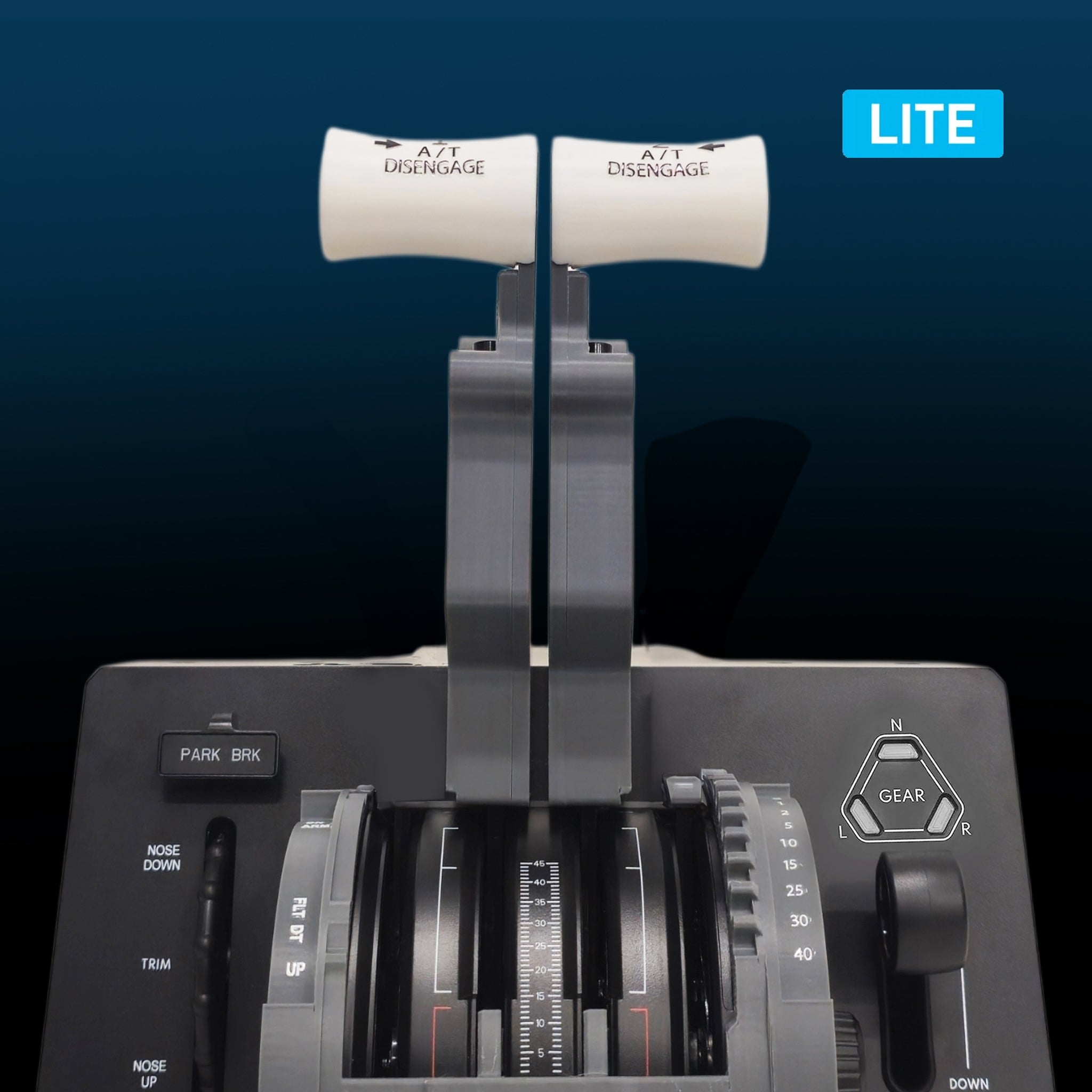 A close-up of the new Prodesksim ProDeskSim Boeing 737 Lite for the Bravo Lite throttle quadrant shows two white “A/T DISENGAGE” levers, switches, a gear selector, and a “LITE” label on a dark blue background.