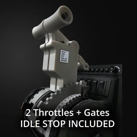 A close-up of the Prodesksim New ProDeskSim 737 Ultra Full Package Addon with throttle gates and idle stop, mounted on a control panel labeled "AUTO TAKE OFF AND GO AROUND." Includes 2 throttles. Compatible with ProDeskSim 737.