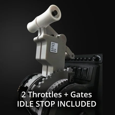Close-up of the Prodesksim New ProDeskSim 737 Ultra Full Package Addon throttle quadrant for flight simulators, featuring two throttles with gates and an idle stop. Compatible with Honeycomb Bravo. Text: "2 Throttles + Gates. IDLE STOP INCLUDED.