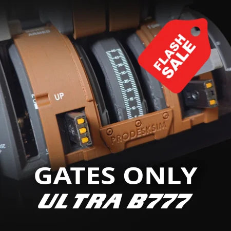 A close-up of the Prodesksim New ProDeskSim B777 Ultra Addon Gates Only throttle quadrant, labeled "PRODESKSIM," featuring brown and gray parts with "GATES ONLY ULTRA B777" in bold white text—MSFS 2020/2024 Honeycomb Bravo compatible.