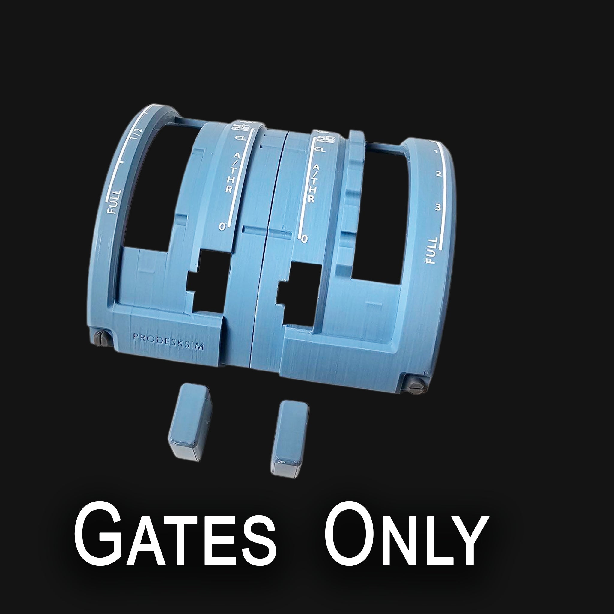 A blue Prodesksim Honeycomb Bravo throttle quadrant with levers forming "A" and "O," above "GATES ONLY" on black, featured in the NEW! ProDeskSim Airbus A319-A321 Advanced addon Gates Only, perfect for flight sim fans.
