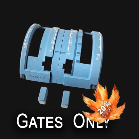 A blue Prodesksim Honeycomb Bravo throttle quadrant with levers forming "A" and "O," above "GATES ONLY" on black, featured in the NEW! ProDeskSim Airbus A319-A321 Advanced addon Gates Only, perfect for flight sim fans.
