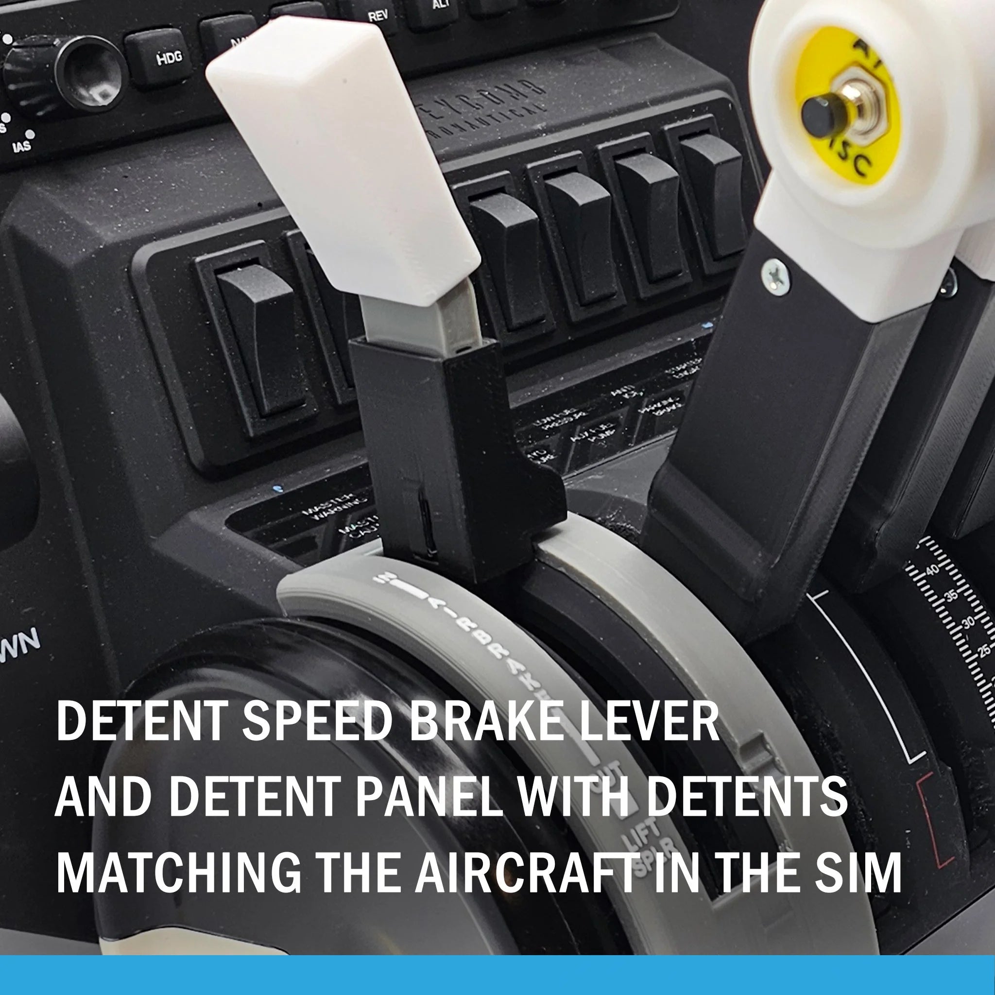 A close-up of the Prodesksim NEW! BAE-146/Avro RJ Advanced Throttle Pack for the Honeycomb Bravo flight simulator highlights realistic throttle levers, with labeled speed brake levers and a detent panel. The vertically positioned white and black levers have markings that indicate alignment with aircraft settings, and text is superimposed.