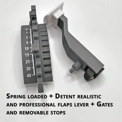 Introducing the Prodesksim Boeing 737 Spring Loaded + Detent Realistic and Professional Flaps Lever. This black and white lever, featuring a numbered gauge from 0 to 40, showcases a realistic flap design reminiscent of Boeing 737 flaps. It includes gates and removable stops, making it an ideal choice for flight simulation enthusiasts using the Honeycomb Bravo. Bold text highlights its features against a plain background.