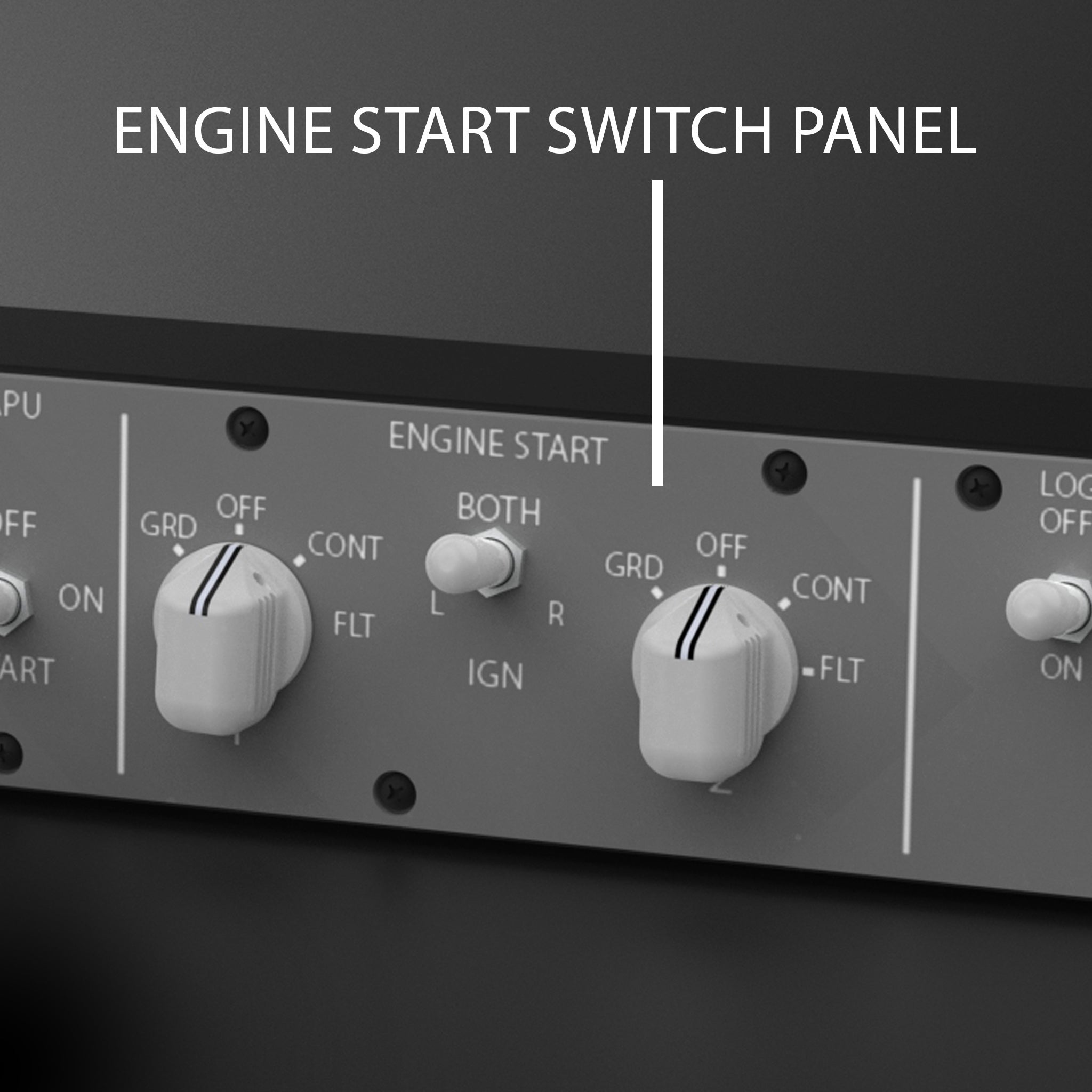 Close-up of the NEW! Prodesksim Stand Alone B737 Engine Start/APU/Lights module Overhead panel, featuring labeled ENGINE START switches and large knobs (OFF, CONT, GRD, FLT)—perfect for authentic flight simulation by Prodesksim.