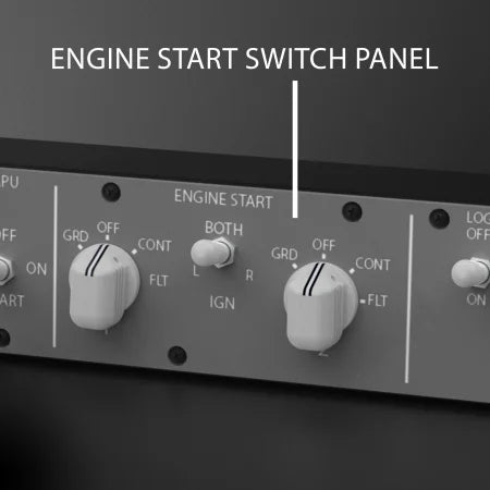 Close-up of the NEW! Prodesksim Stand Alone B737 Engine Start/APU/Lights module Overhead panel, featuring labeled ENGINE START switches and large knobs (OFF, CONT, GRD, FLT)—perfect for authentic flight simulation by Prodesksim.