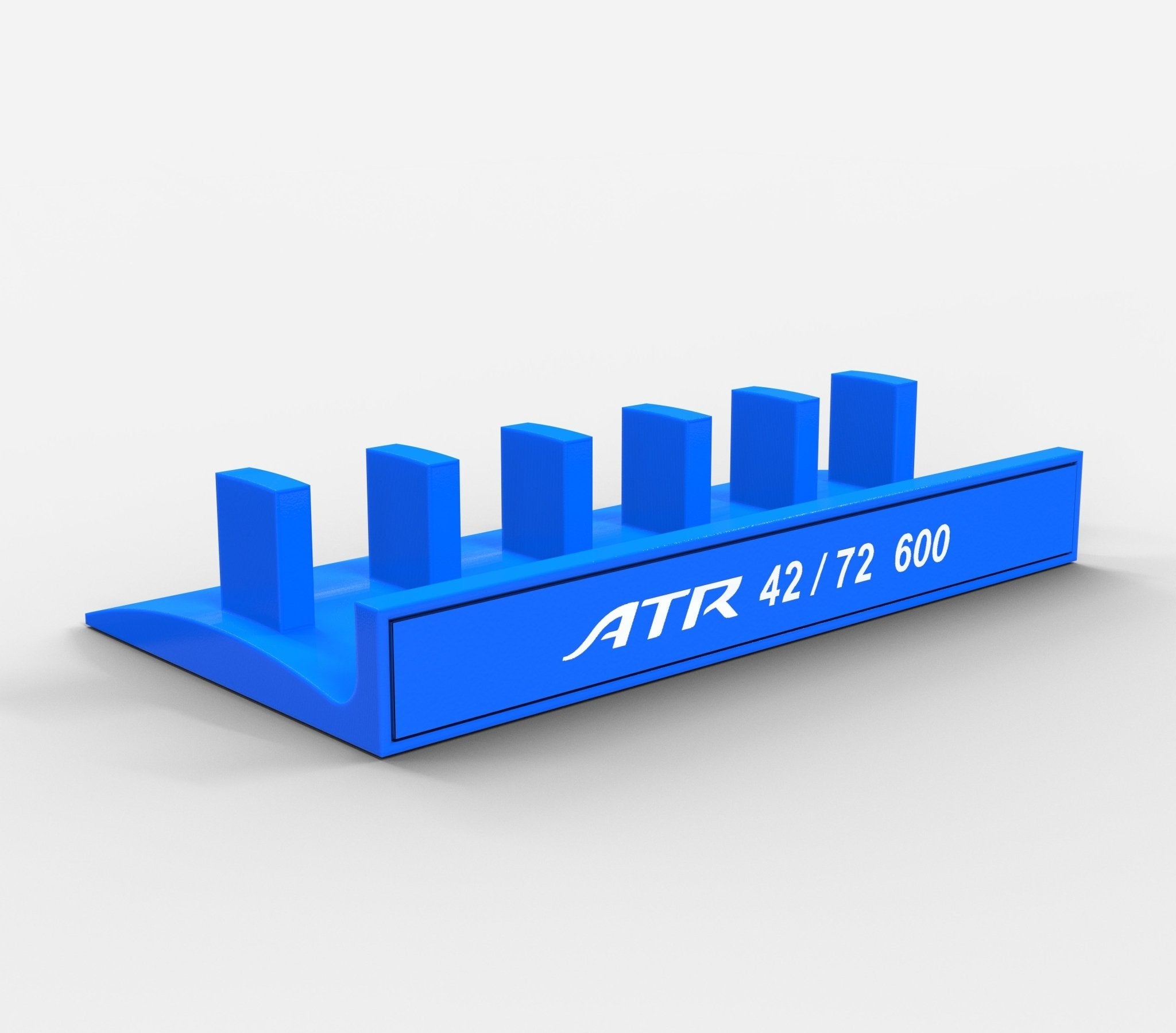 A sleek blue 3D-printed stand/organizer from Prodesksim, designed specifically for Honeycomb Bravo levers, features five rectangular posts on a rectangular base with "ATR 42/72 600" labeled in white text. This minimalist addition seamlessly fits ProDeskSim levers aircraft logo, enhancing your workspace against a plain backdrop.