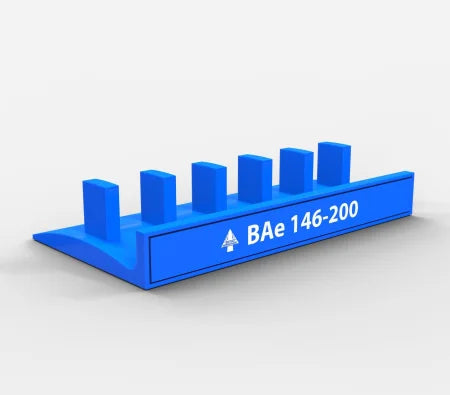 The Honeycomb Bravo Add-on ORGANZISER by Prodesksim, designed as a blue display stand with six slots labeled "BAe 146-200," resembles a LEGO-style brick on a light background. Perfect for use as an aircraft logo stand or organizer, it highlights collections such as Honeycomb Bravo levers and integrates effortlessly into aviation enthusiasts' decor.
