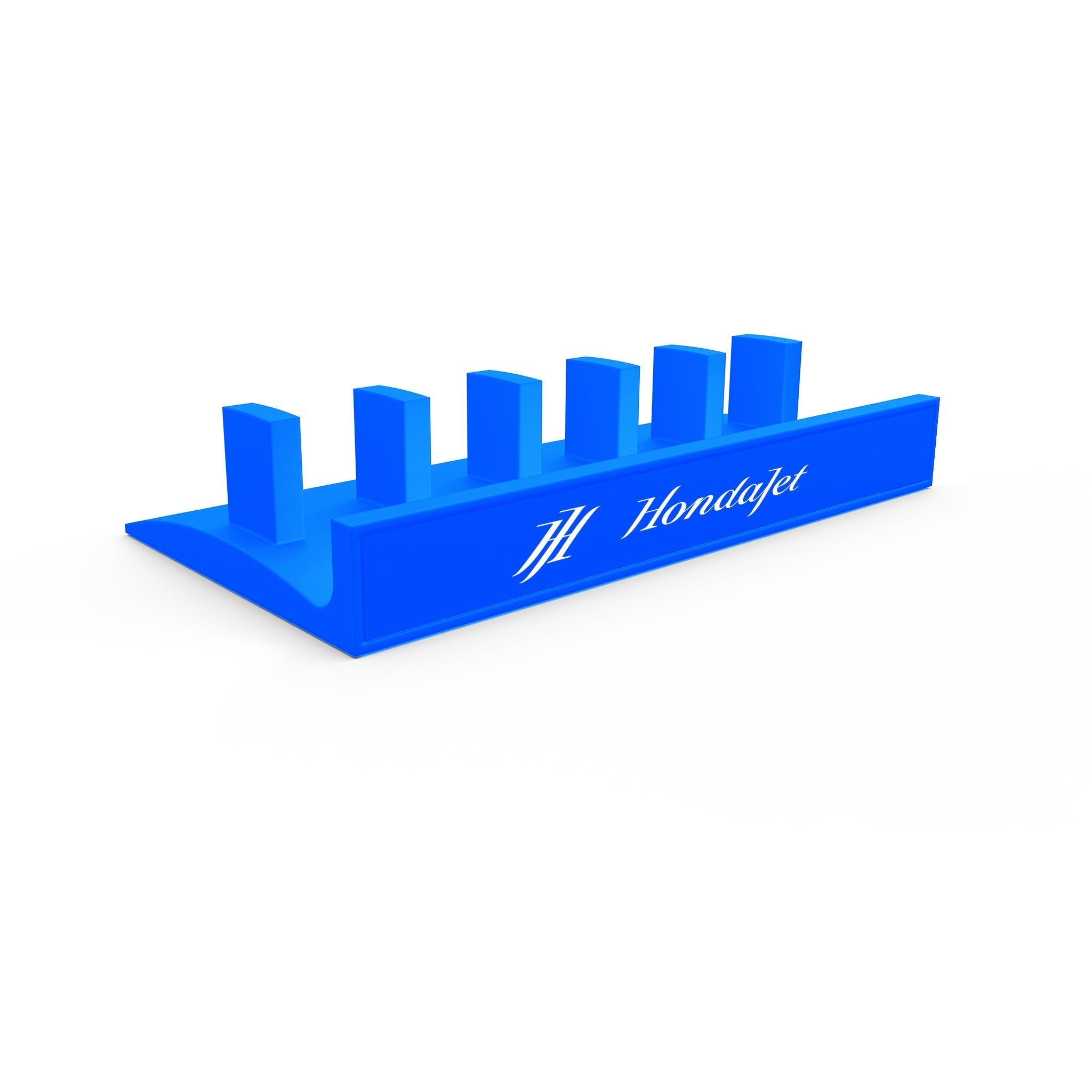 The Honeycomb Bravo Add-on ORGANIZER by Prodesksim is a blue stand with six slots, featuring the "Hondajet" aircraft logo elegantly printed on the front. This organizer is perfect for tidying up your workspace, complete with streamlined levers designed for easy setup.