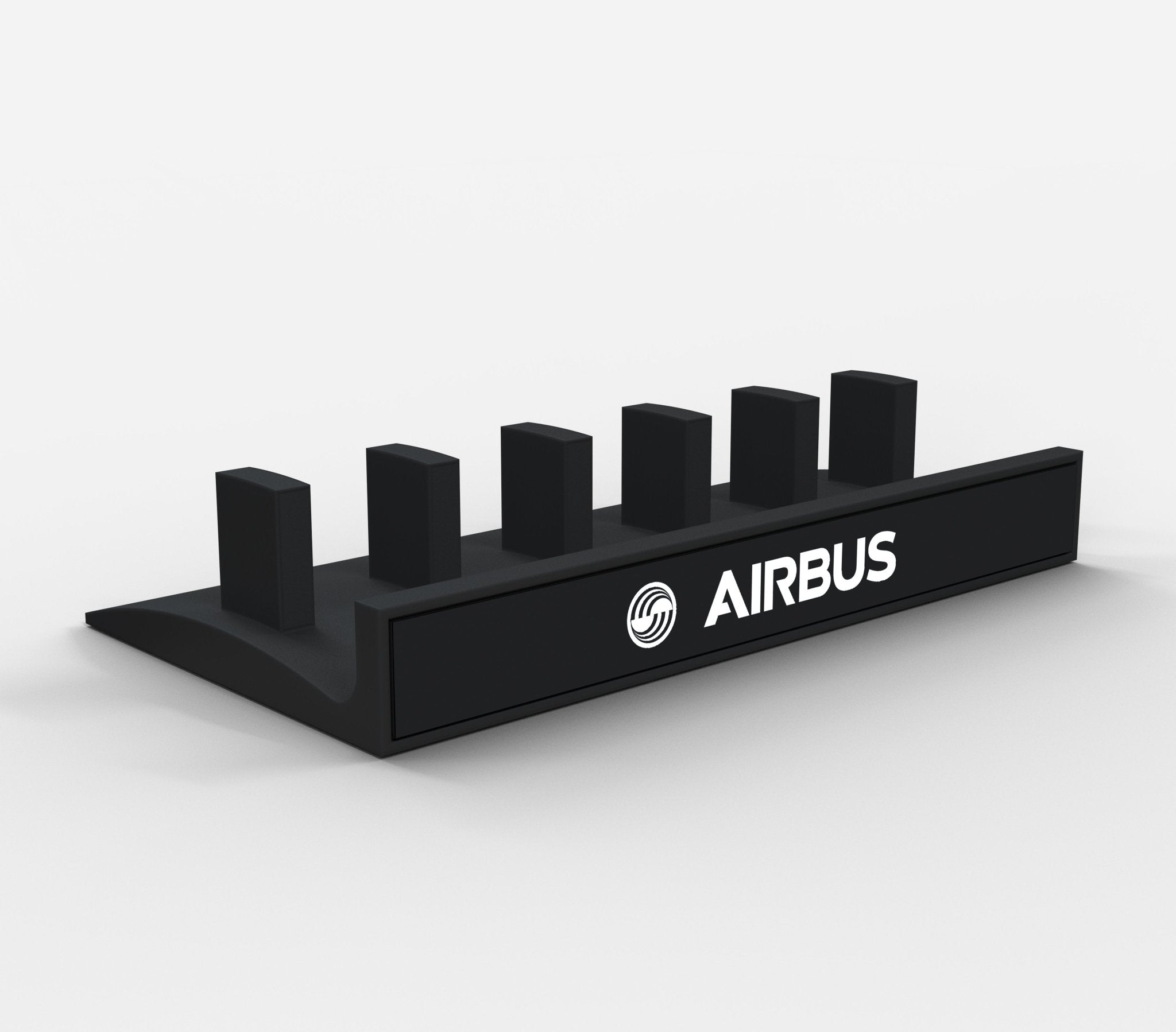 The Honeycomb Bravo Add-on ORGANISER by Prodesksim is an elegant black stand and organizer featuring six rectangular holders, with the Airbus logo prominently displayed on the front. Inspired by the Honeycomb Bravo levers, this design is gracefully set against a plain white background.