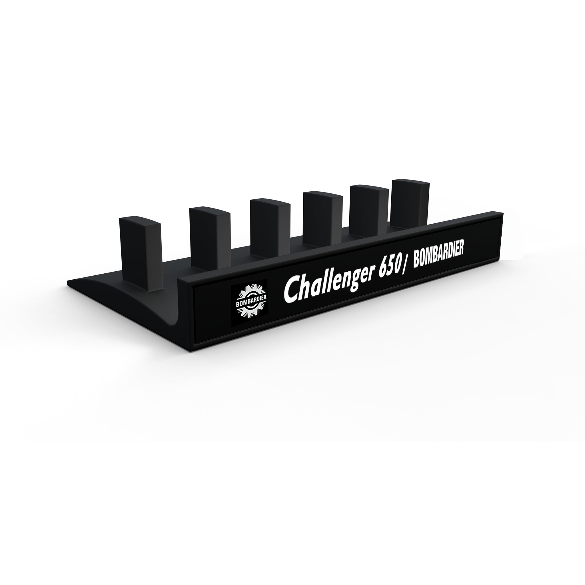 The Honeycomb Bravo Add-on Organizer by ProDeskSim is a stylish black stand with five slots for model planes, featuring the text "Challenger 650" and "Bombardier" in white. It is angled with a ProDeskSim levers aircraft logo on the left, adding aviation elegance to any collection.