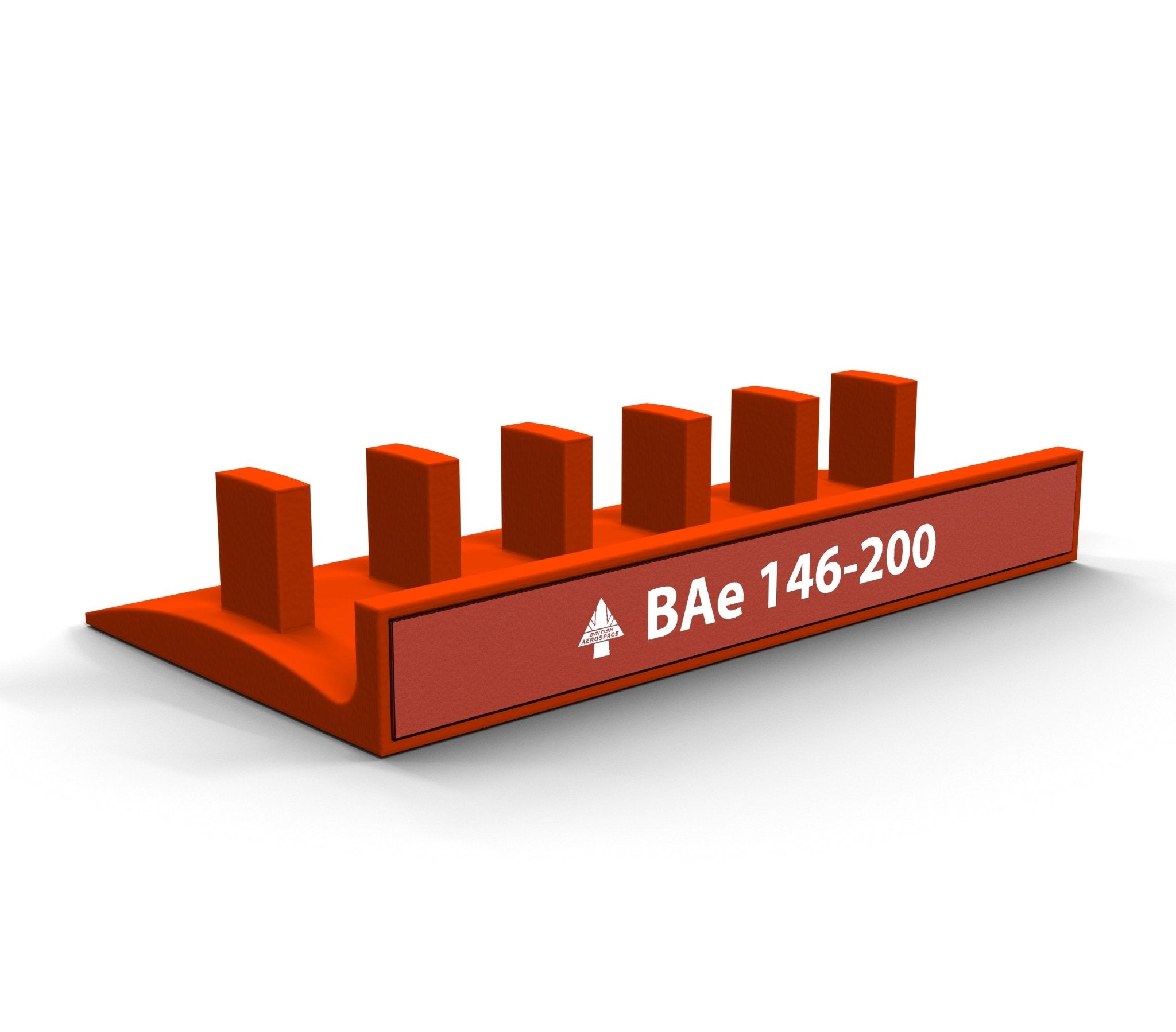 A Honeycomb Bravo Add-on ORGANISER by ProDeskSim, designed to resemble ProDeskSim levers with six vertical rectangular pegs and labeled "BAe 146-200," featuring a small tree icon. This red plastic stand is displayed on a light gray background, ideal for an aircraft-themed stand or organizer.