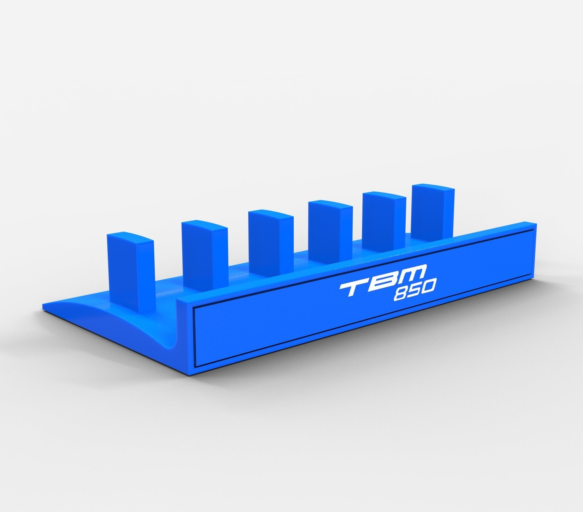 Prodesksim's Honeycomb Bravo Add-on Organizer features a blue plastic design with six rectangular slots and "TBM 850" printed in white on the front, compatible with Honeycomb Bravo levers and embellished with the ProDeskSim aircraft logo.