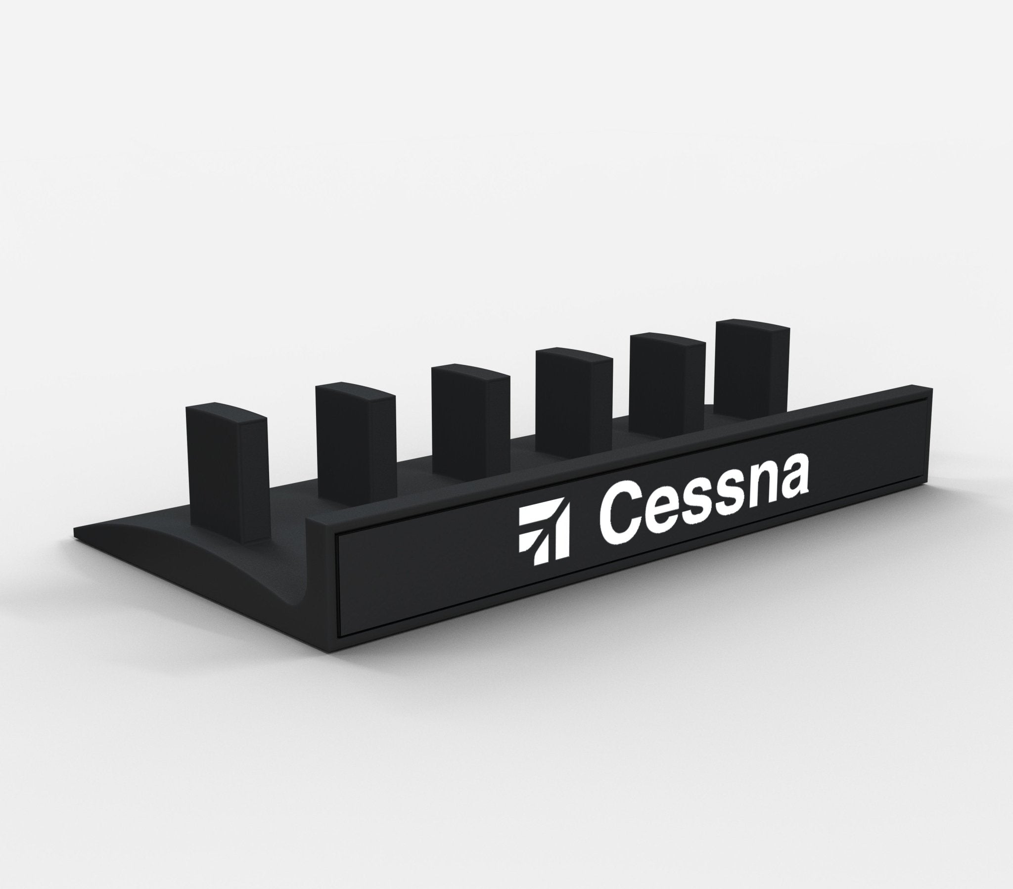 A black and gray display stand, featuring the Prodesksim logo in white, offers five vertical rectangular slots ideal for organizing Honeycomb Bravo Add-on ORGANISER levers or other items.