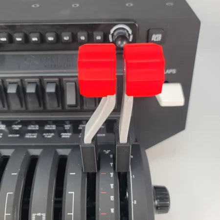 Introducing the Honeycomb Bravo G58 Baron Twin Engine Piston Realistic Throttle/Fuel Mixture/Prop Pitch Throttle Quadrant Handles Set by Prodesksim. This black throttle quadrant showcases two prominent red levers, perfect for a flight simulation upgrade. The panel is equipped with various switches and buttons, including "Auto Pilot" and "Flaps," providing an authentic flying experience.