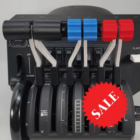 Close-up of an aircraft throttle quadrant featuring the Prodesksim Honeycomb Bravo G58 Baron Twin Engine Piston realistic throttle, fuel mixture, and prop pitch handles set. The black levers are adorned with red and blue handles, labeled for flight and engine controls against a dark control panel backdrop—perfect for upgrading your flight simulation experience.