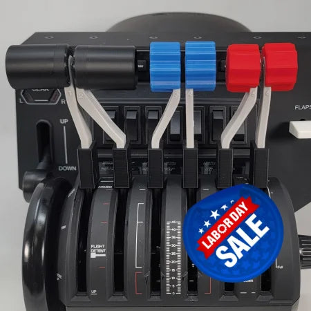 Close-up of an aircraft throttle quadrant featuring the Prodesksim Honeycomb Bravo G58 Baron Twin Engine Piston realistic throttle, fuel mixture, and prop pitch handles set. The black levers are adorned with red and blue handles, labeled for flight and engine controls against a dark control panel backdrop—perfect for upgrading your flight simulation experience.