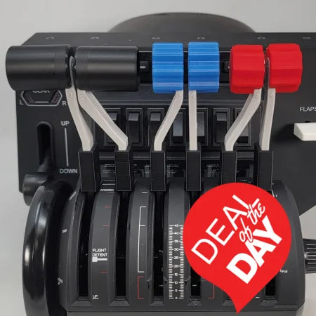 Close-up of an aircraft throttle quadrant featuring the Prodesksim Honeycomb Bravo G58 Baron Twin Engine Piston realistic throttle, fuel mixture, and prop pitch handles set. The black levers are adorned with red and blue handles, labeled for flight and engine controls against a dark control panel backdrop—perfect for upgrading your flight simulation experience.
