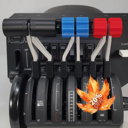 Close-up of an aircraft throttle quadrant featuring the Prodesksim Honeycomb Bravo G58 Baron Twin Engine Piston realistic throttle, fuel mixture, and prop pitch handles set. The black levers are adorned with red and blue handles, labeled for flight and engine controls against a dark control panel backdrop—perfect for upgrading your flight simulation experience.