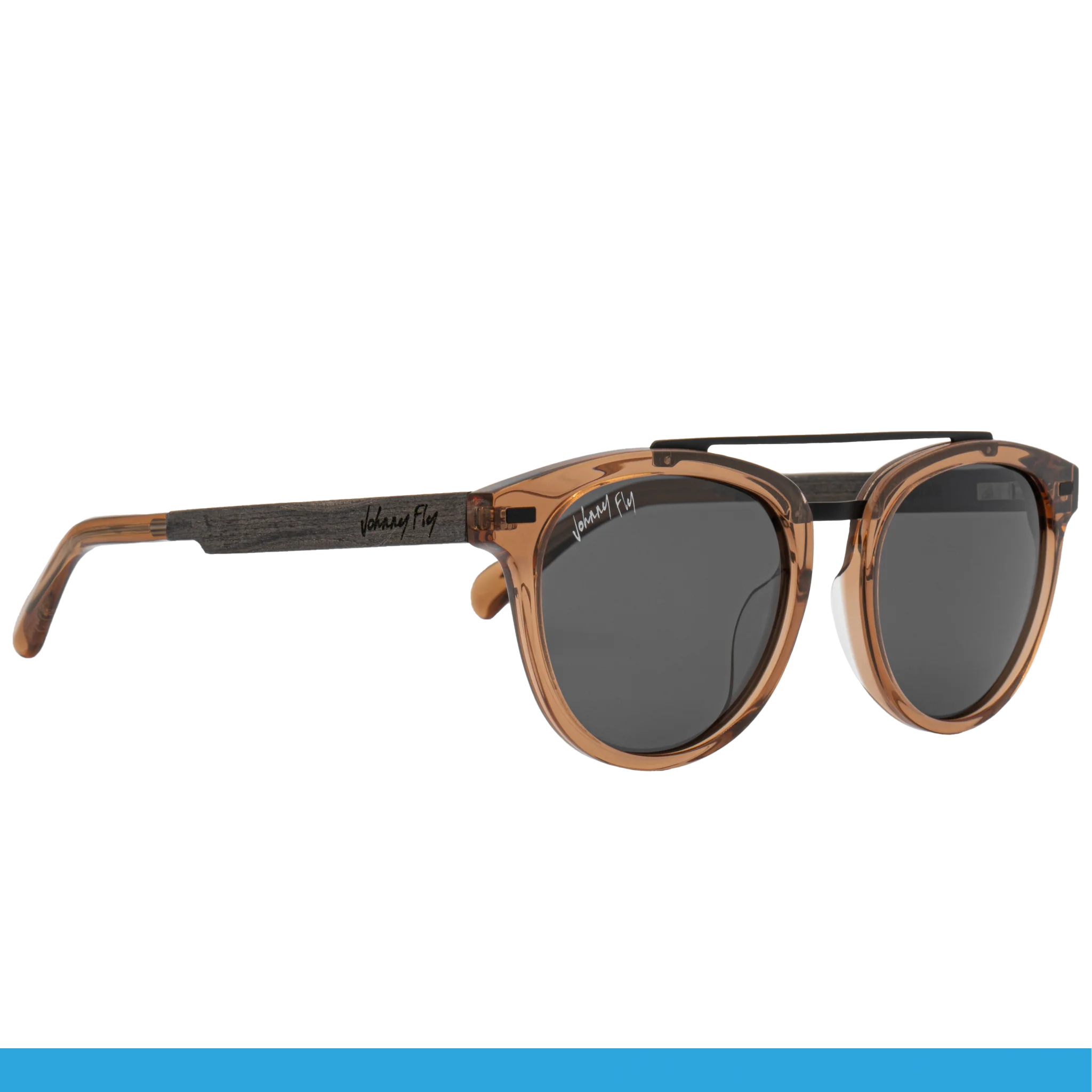 The Johnny Fly Captain sunglasses feature a modern and stylish design with a brown acetate front, dark polarized lenses, and black temples adorned with text.