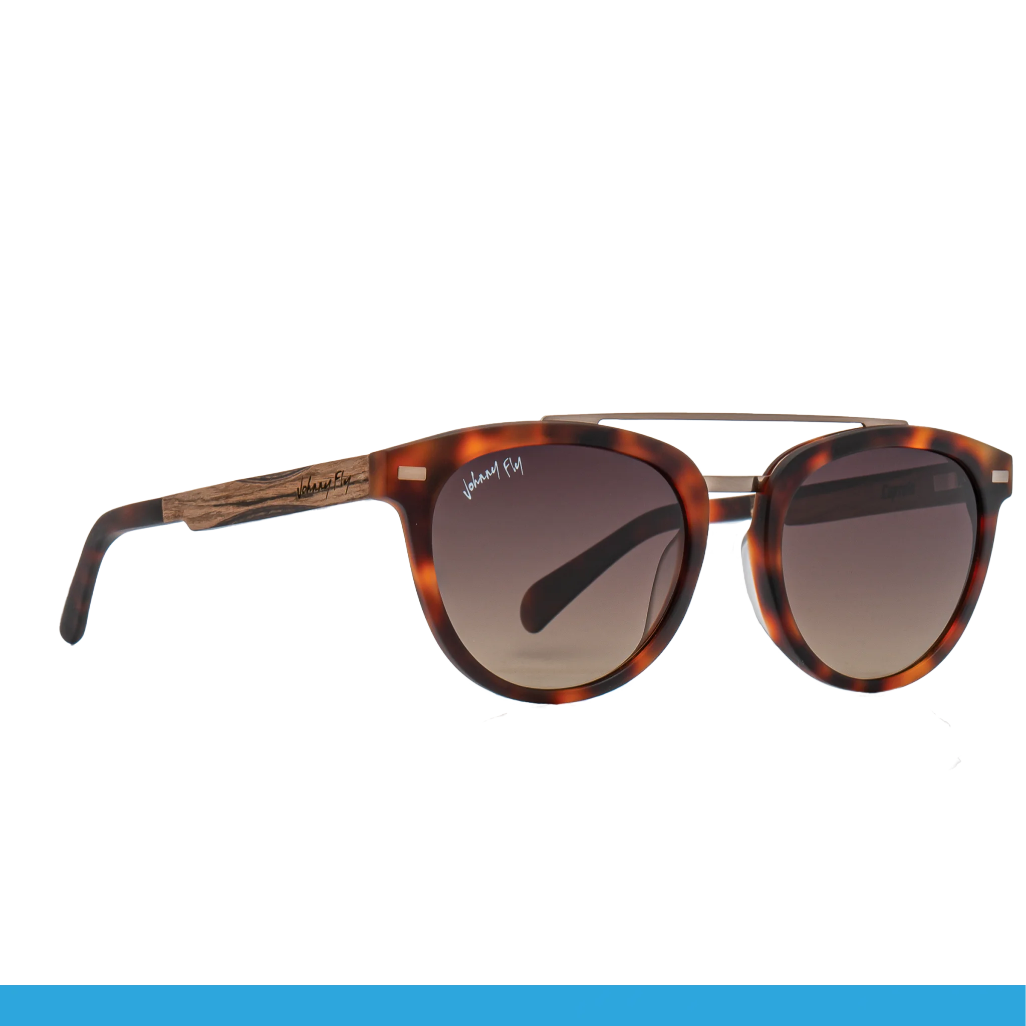 The Captain sunglasses by Johnny Fly feature an acetate front section and wooden arms, complete with dark gradient polarized lenses. The brand name is subtly displayed on the temple.