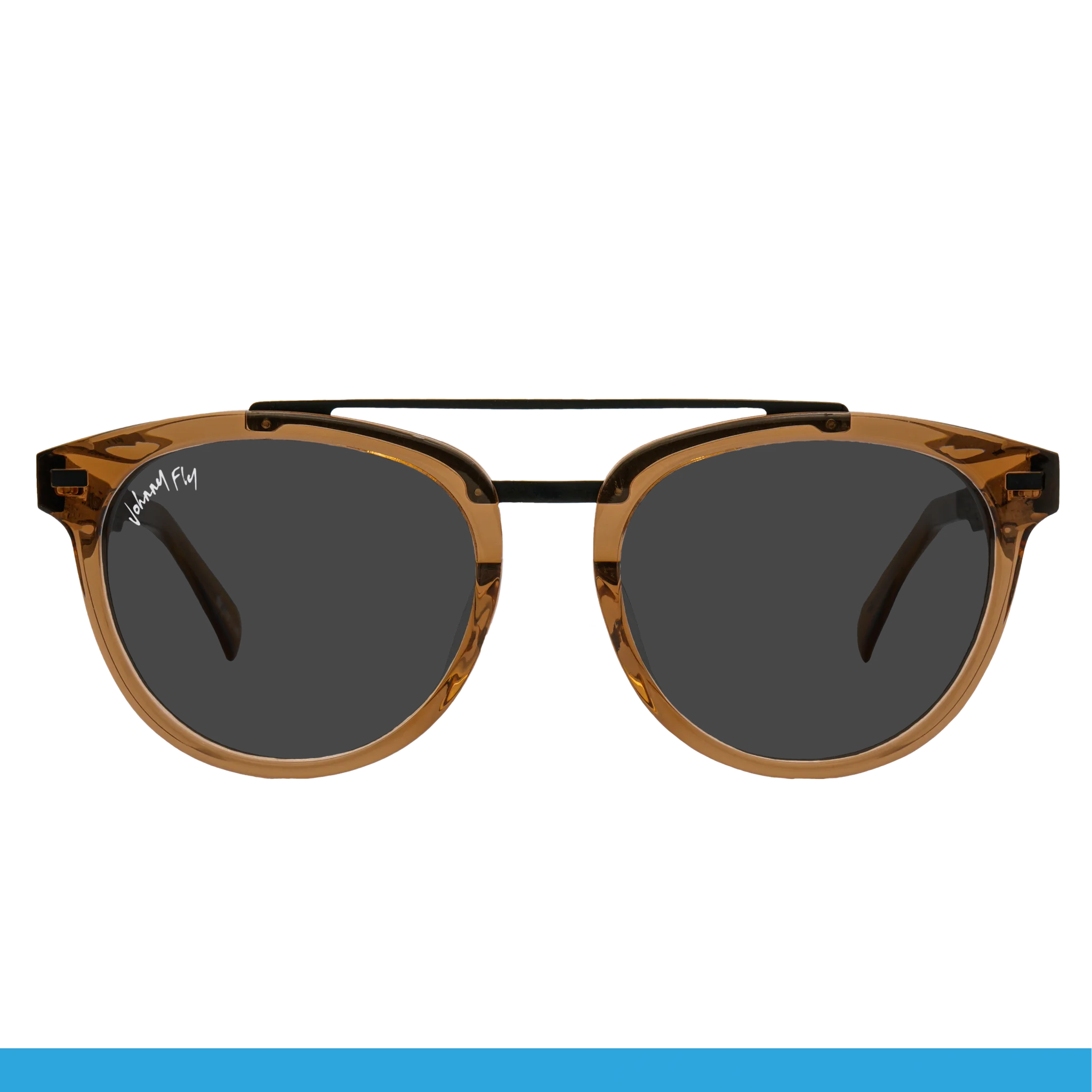 A pair of sleek and sophisticated Captain eyeglasses with transparent lenses. The acetate front section is complemented by the subtle marbled pattern on the arms, while the "Johnny Fly" brand mark is elegantly displayed on the upper left lens against a plain black background.