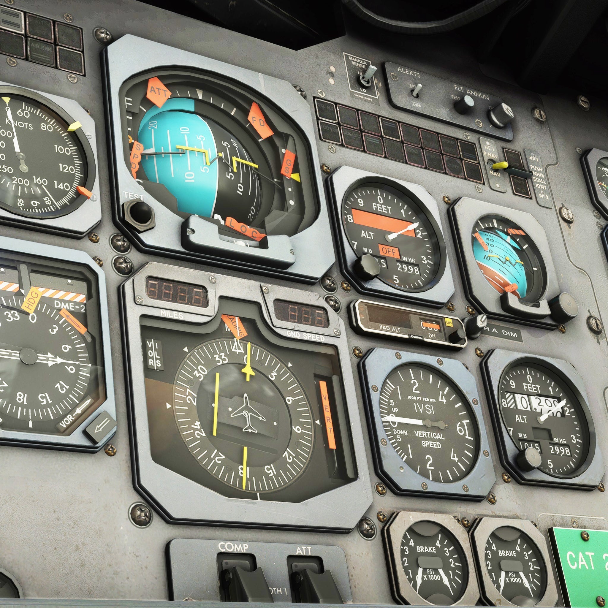 Close-up of the Just Flight BAE-146 Professional for MSFS2020 aircraft cockpit instrument panel, featuring a range of analog gauges and dials like altimeters, speed indicators, and navigation instruments, complete with detailed markings and readings.