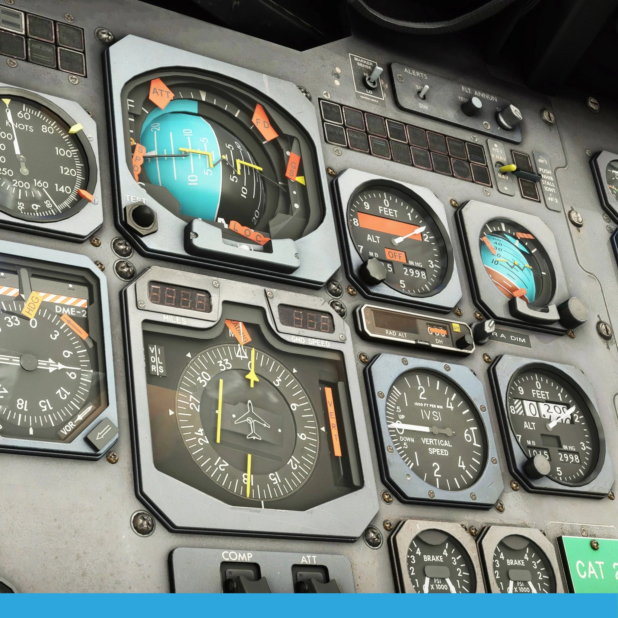 Close-up of the Just Flight BAE-146 Professional for MSFS2020 aircraft cockpit instrument panel, featuring a range of analog gauges and dials like altimeters, speed indicators, and navigation instruments, complete with detailed markings and readings.