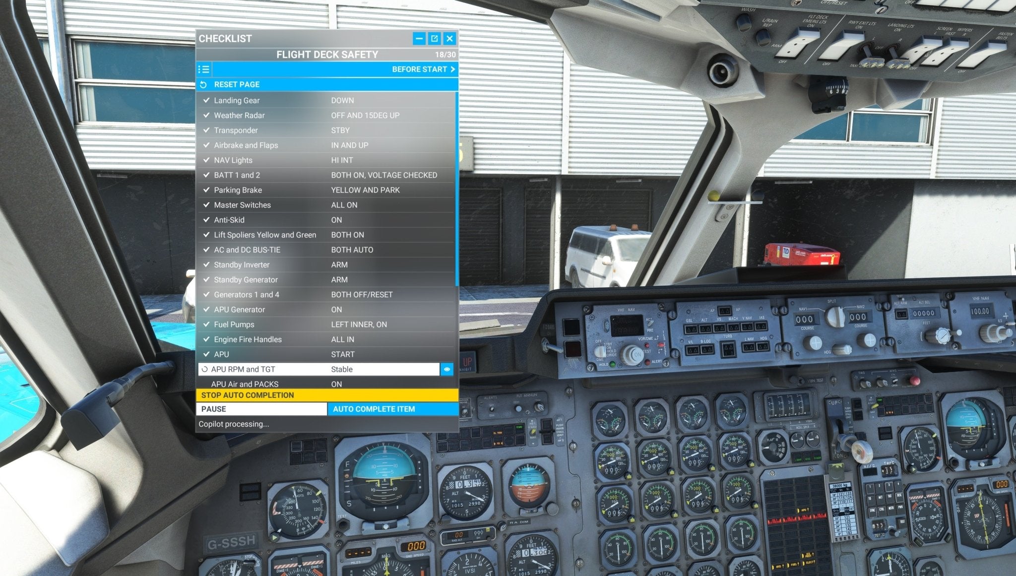 The cockpit interior of the Just Flight BAE-146 Professional for MSFS2020 includes a detailed checklist displayed on the screen, various controls and instruments in view, as well as an exterior scene showing a building and parked cars. This setup perfectly encapsulates the realistic experience that MSFS enthusiasts have come to appreciate from Just Flight.