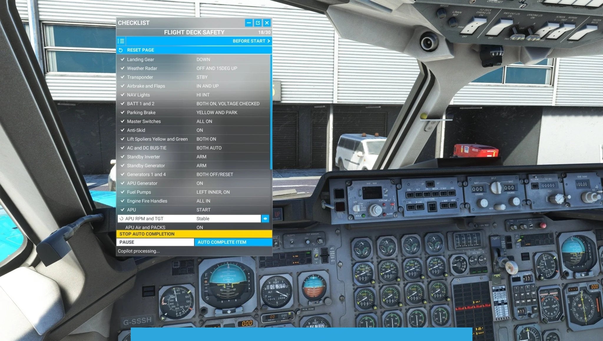 The cockpit interior of the Just Flight BAE-146 Professional for MSFS2020 includes a detailed checklist displayed on the screen, various controls and instruments in view, as well as an exterior scene showing a building and parked cars. This setup perfectly encapsulates the realistic experience that MSFS enthusiasts have come to appreciate from Just Flight.