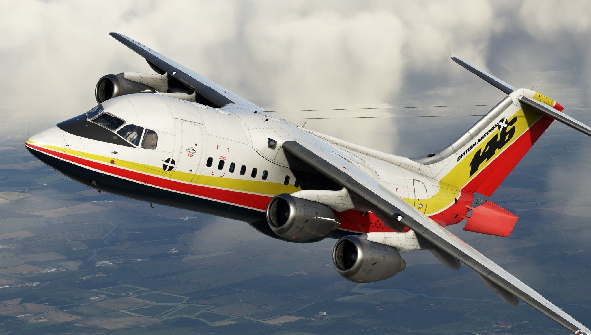 A colorful passenger airplane from Just Flight's BAE-146 Professional for MSFS2020, featuring red, yellow, and blue stripes, flies through a cloudy sky above a landscape of fields. The plane is tilted slightly, revealing two engines on each wing.