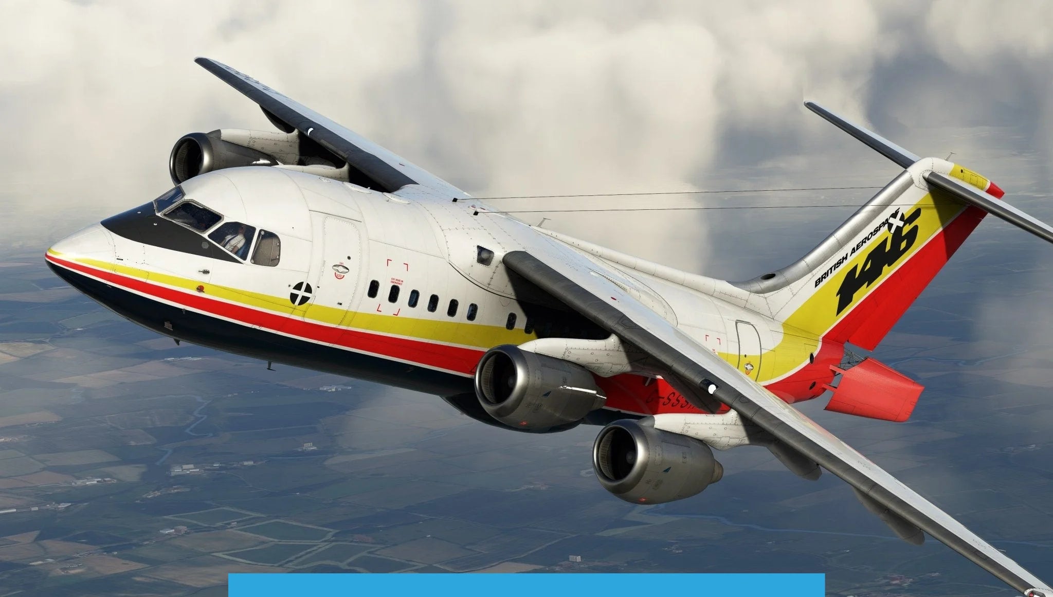 A colorful passenger airplane from Just Flight's BAE-146 Professional for MSFS2020, featuring red, yellow, and blue stripes, flies through a cloudy sky above a landscape of fields. The plane is tilted slightly, revealing two engines on each wing.