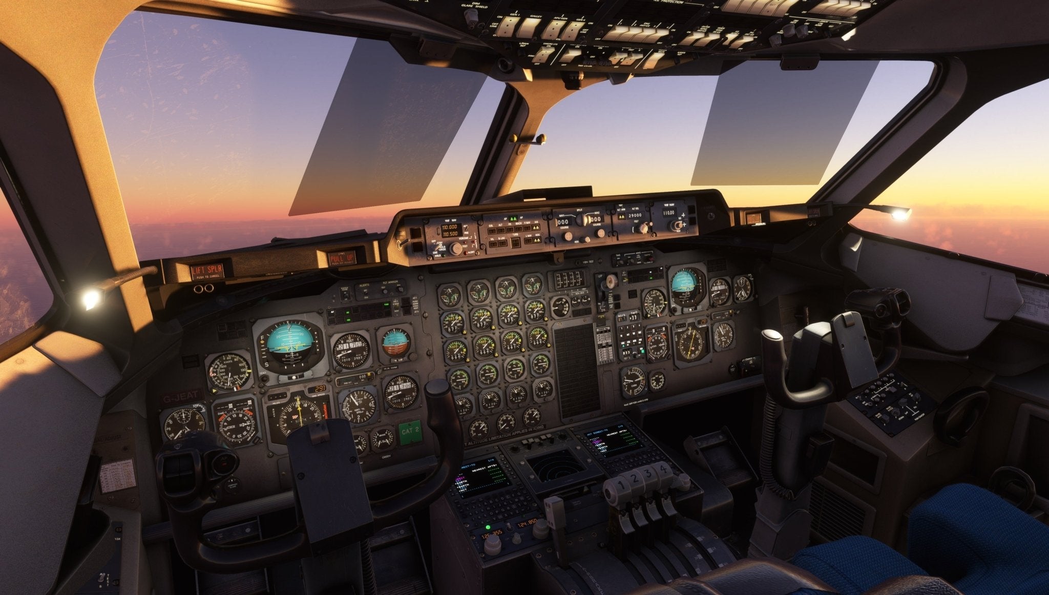 The cockpit of the Just Flight BAE-146 Professional for MSFS2020 aircraft at sunset showcases a meticulously detailed dashboard filled with instruments and controls. Through the windows, MSFS offers a stunning view of the sky transitioning from orange to blue.