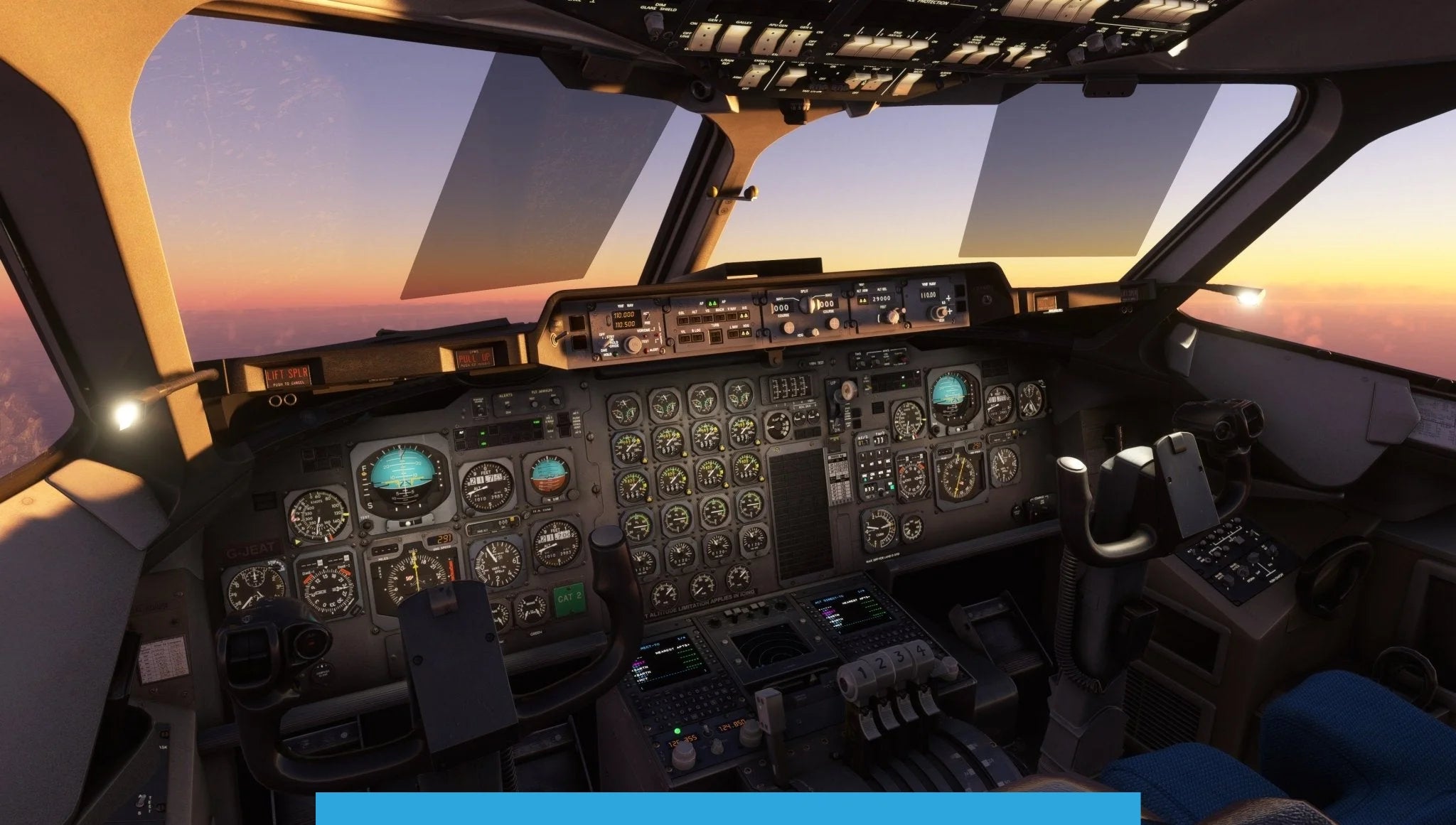 The cockpit of the Just Flight BAE-146 Professional for MSFS2020 aircraft at sunset showcases a meticulously detailed dashboard filled with instruments and controls. Through the windows, MSFS offers a stunning view of the sky transitioning from orange to blue.