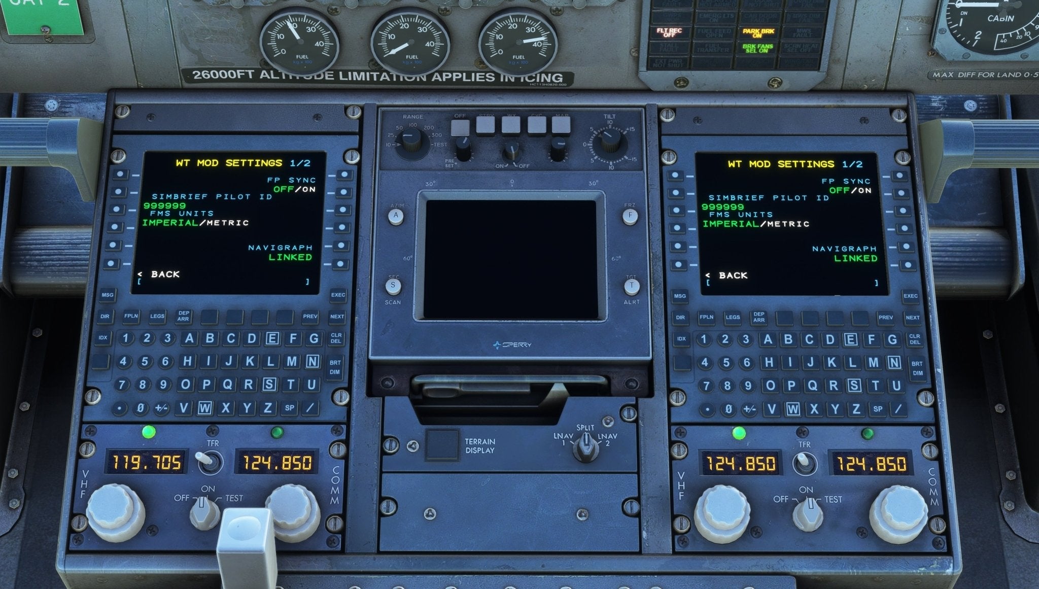 An intricate view of the aircraft control panel from the Just Flight BAE-146 Professional for MSFS2020 reveals two screens displaying flight configurations, surrounded by a variety of buttons, dials, and switches. The text on the displays reads "WT MOD SETTINGS" with choices for "IMPERIAL/METRIC" and "NAVGRAPH LINE," ideal for fans of MSFS.