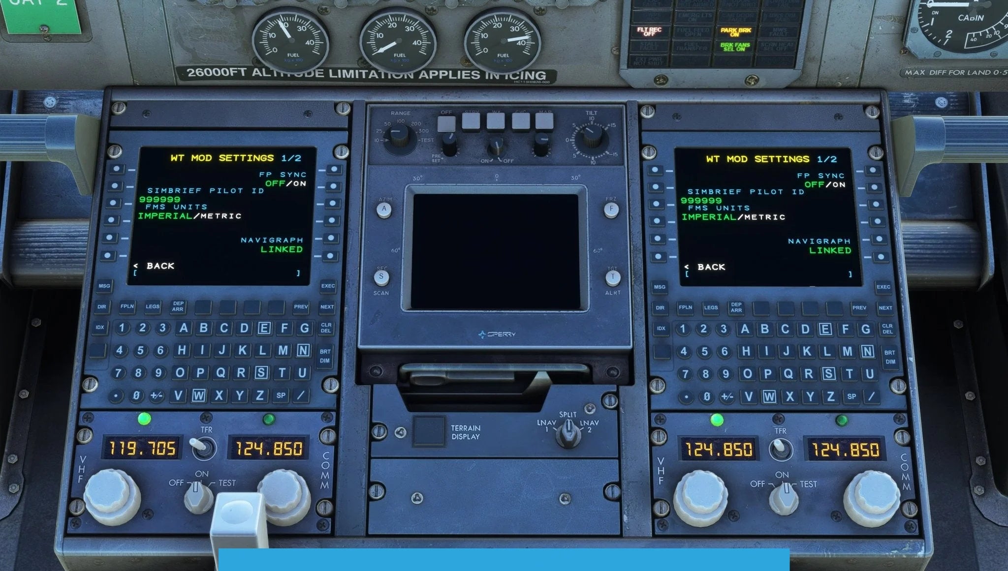 An intricate view of the aircraft control panel from the Just Flight BAE-146 Professional for MSFS2020 reveals two screens displaying flight configurations, surrounded by a variety of buttons, dials, and switches. The text on the displays reads "WT MOD SETTINGS" with choices for "IMPERIAL/METRIC" and "NAVGRAPH LINE," ideal for fans of MSFS.