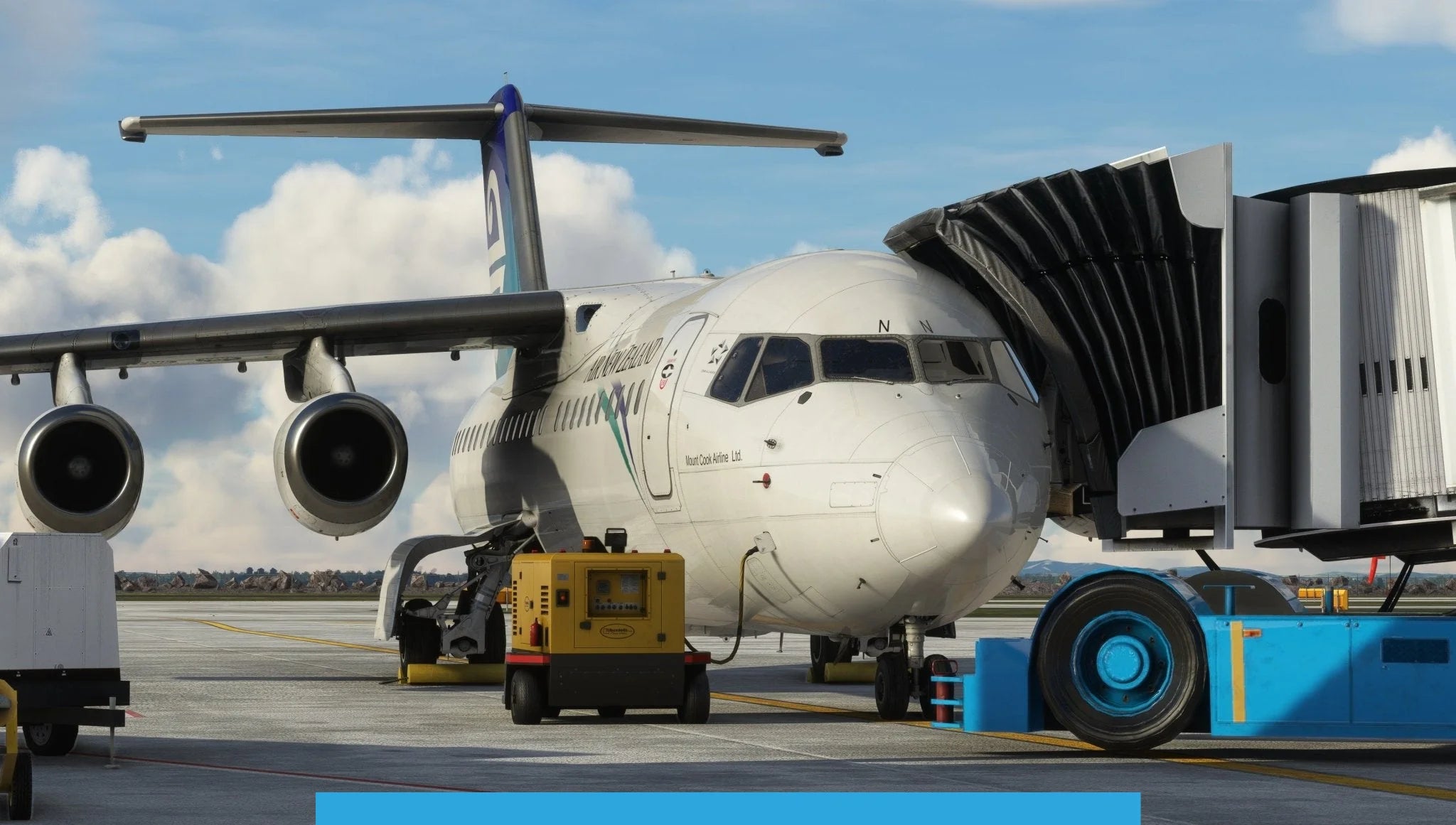 At the airport gate, a Just Flight BAE-146 Professional for MSFS2020 is parked and connected to a jet bridge. Ground service equipment, including a yellow power unit, is positioned near this aircraft from the Just Flight collection. The sky features partial cloud cover while the runway stays clear for takeoff within MSFS.