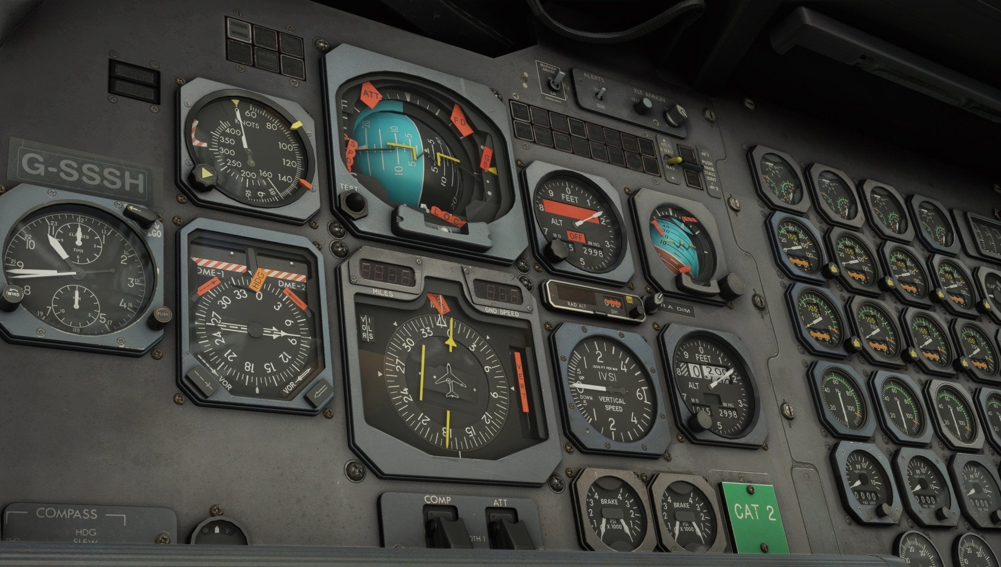 The image offers a detailed view of the instrument panel in an aircraft cockpit from Just Flight's BAE-146 Professional for MSFS2020, displaying an assortment of gauges, dials, and indicators for altitude, speed, and navigation. The panel is marked with "G-SSH".