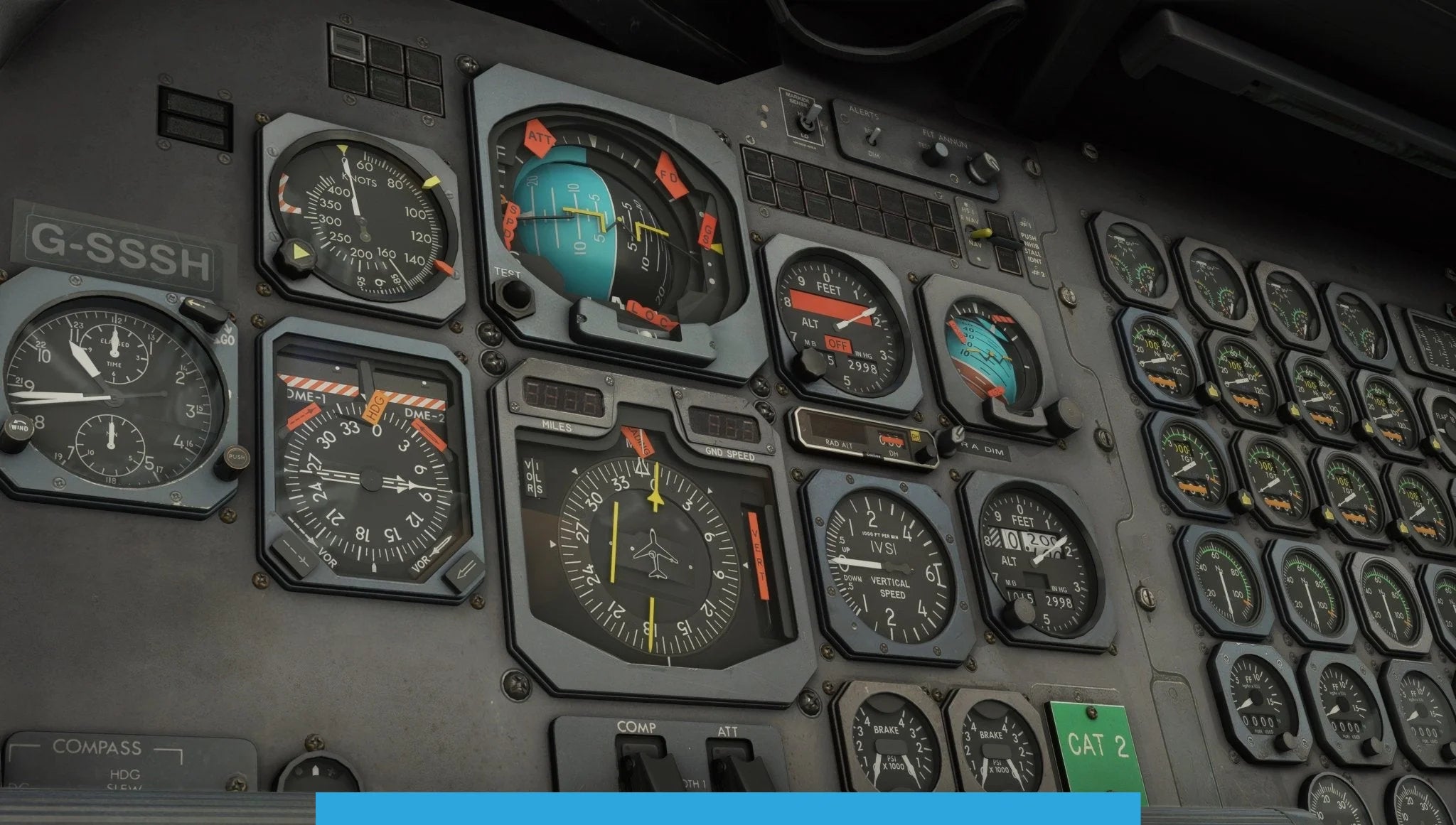 The image offers a detailed view of the instrument panel in an aircraft cockpit from Just Flight's BAE-146 Professional for MSFS2020, displaying an assortment of gauges, dials, and indicators for altitude, speed, and navigation. The panel is marked with "G-SSH".