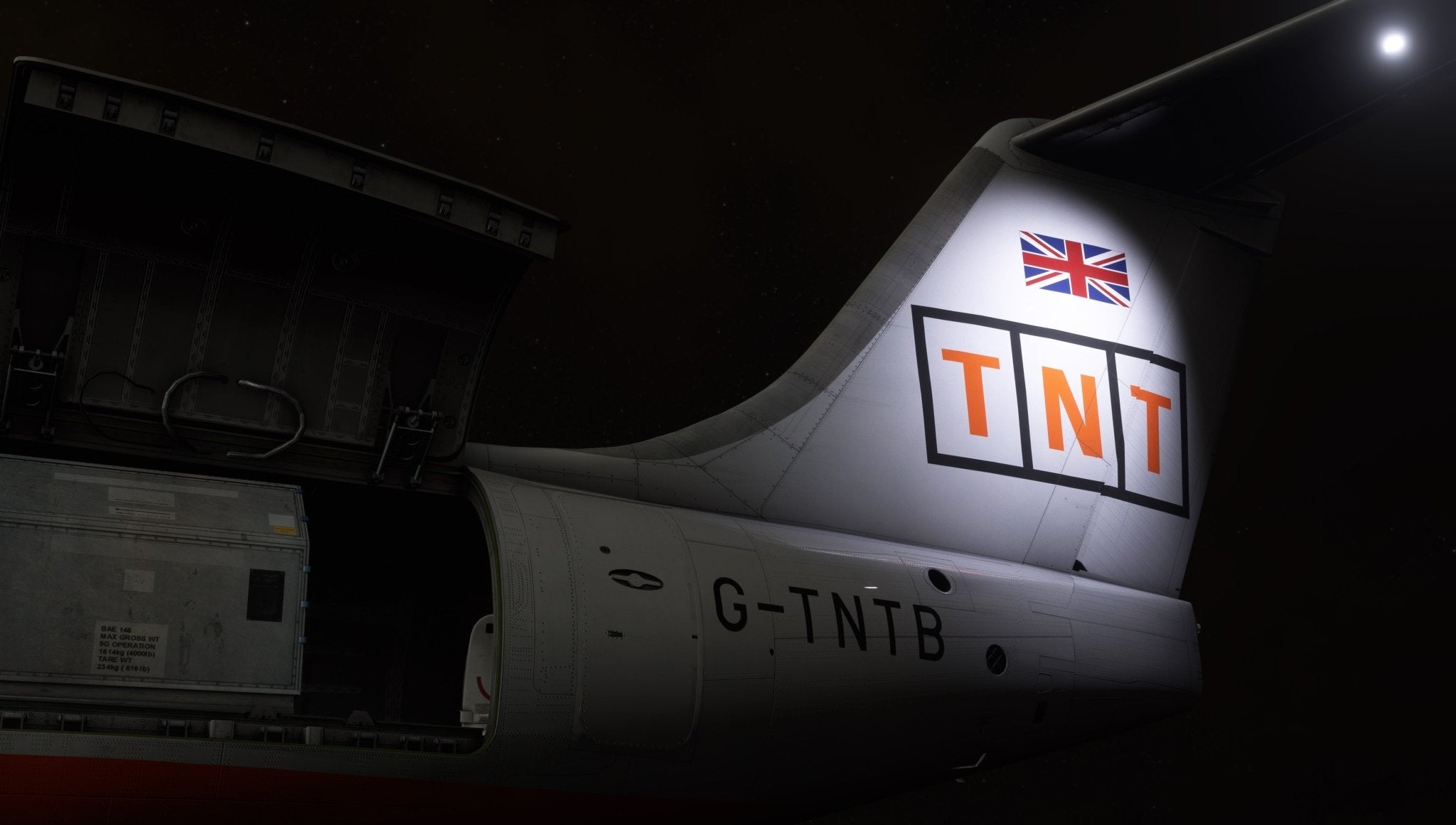 Close-up view of an airplane's tail section at night, featuring an open cargo door. The tail is adorned with a British flag and "TNT" logo. The aircraft's registration number G-TNTB is visible on the fuselage, evocative of the realistic models in Just Flight's BAE-146 Professional for MSFS2020.