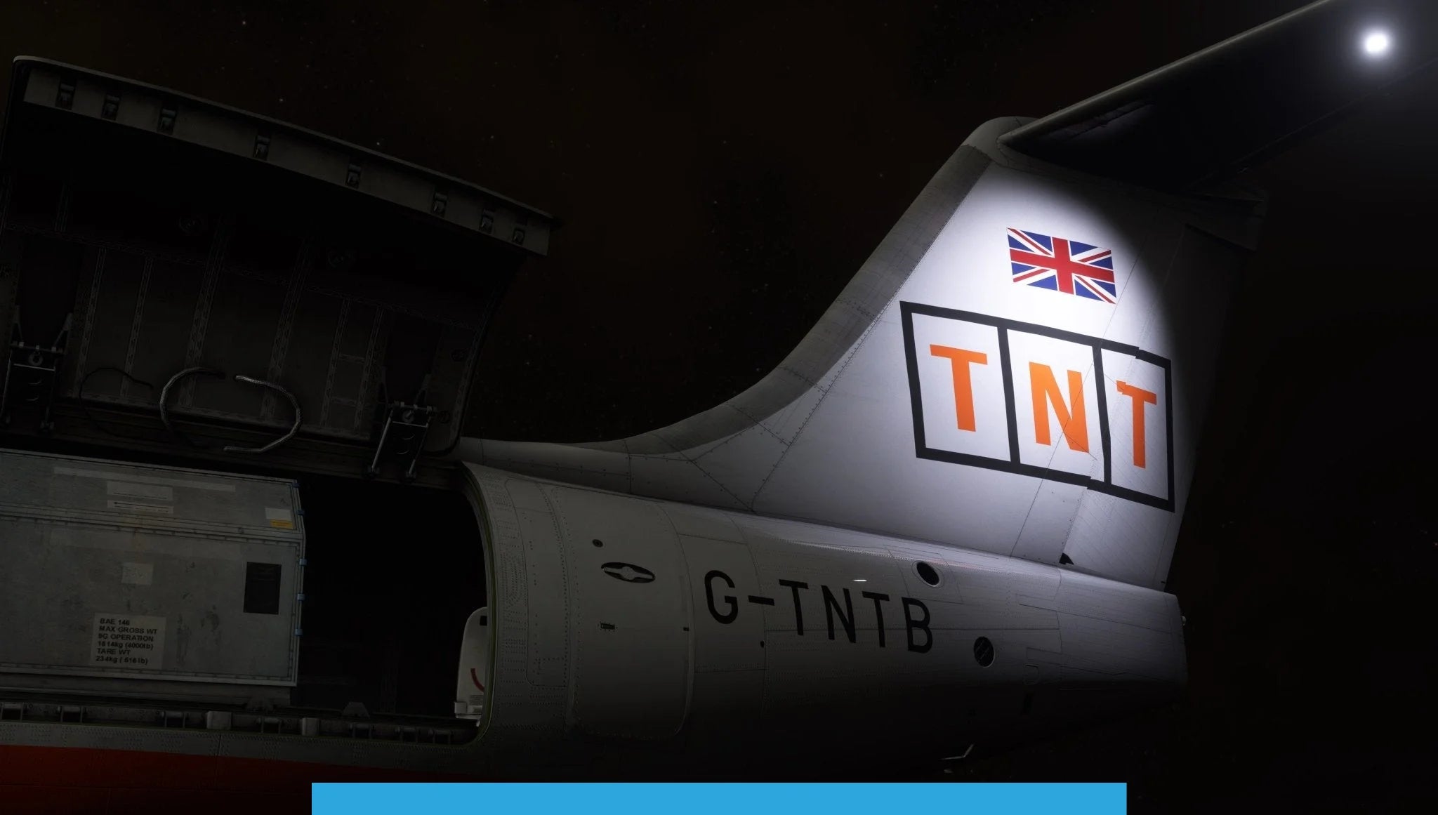 Close-up view of an airplane's tail section at night, featuring an open cargo door. The tail is adorned with a British flag and "TNT" logo. The aircraft's registration number G-TNTB is visible on the fuselage, evocative of the realistic models in Just Flight's BAE-146 Professional for MSFS2020.